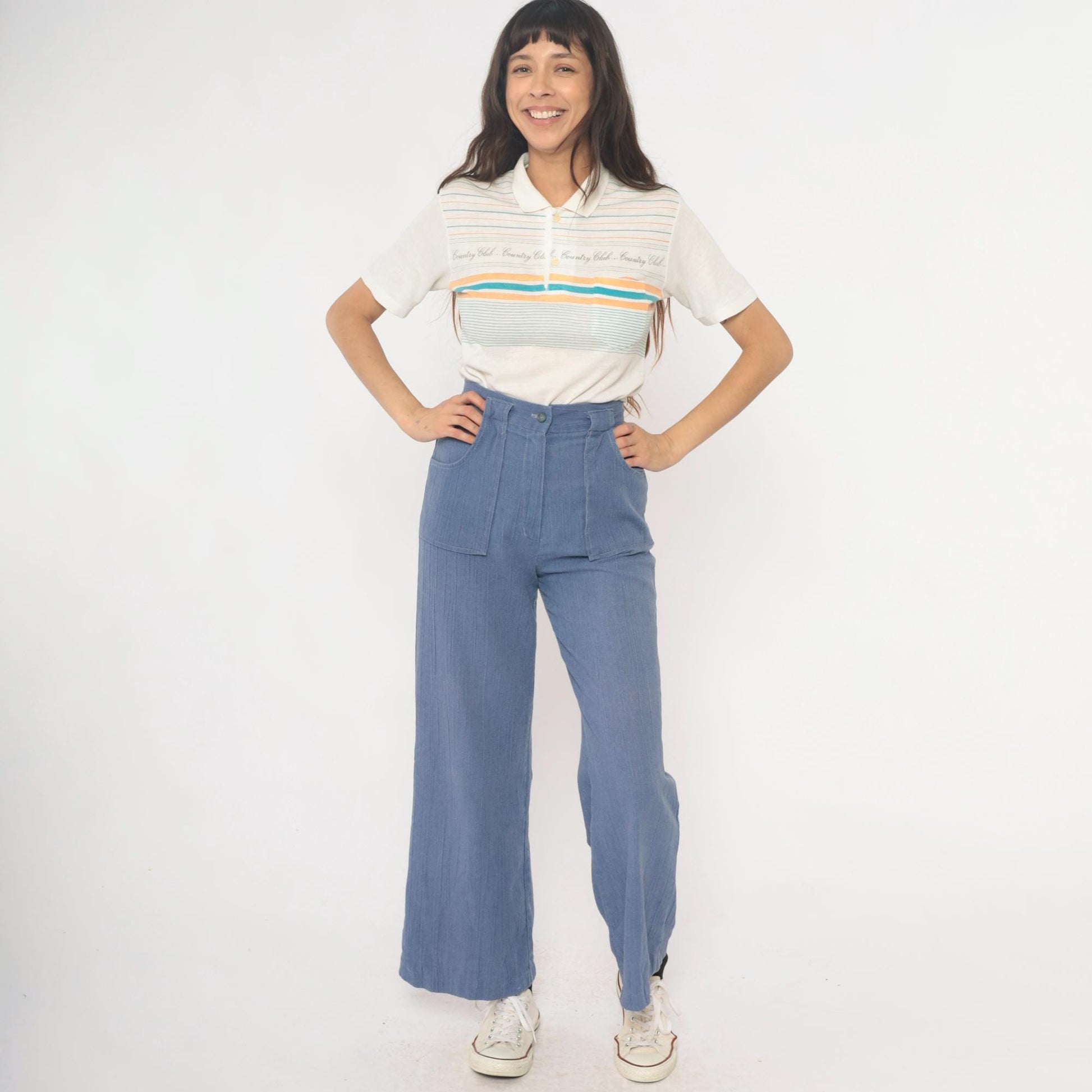 80s Country Club Polo Shirt Striped Cream Teal Peach Small