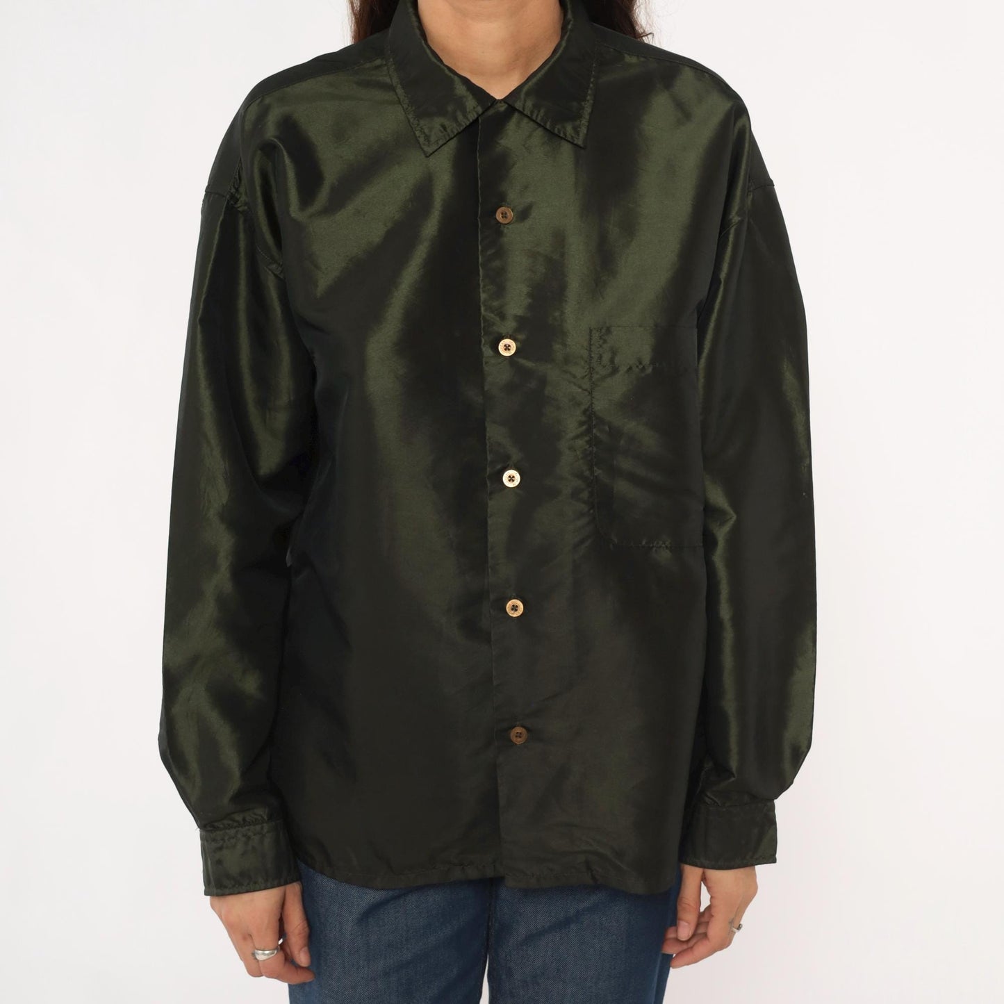 Y2K Olive Green Button-Up Shirt Sqwear Collared Long Sleeve Medium