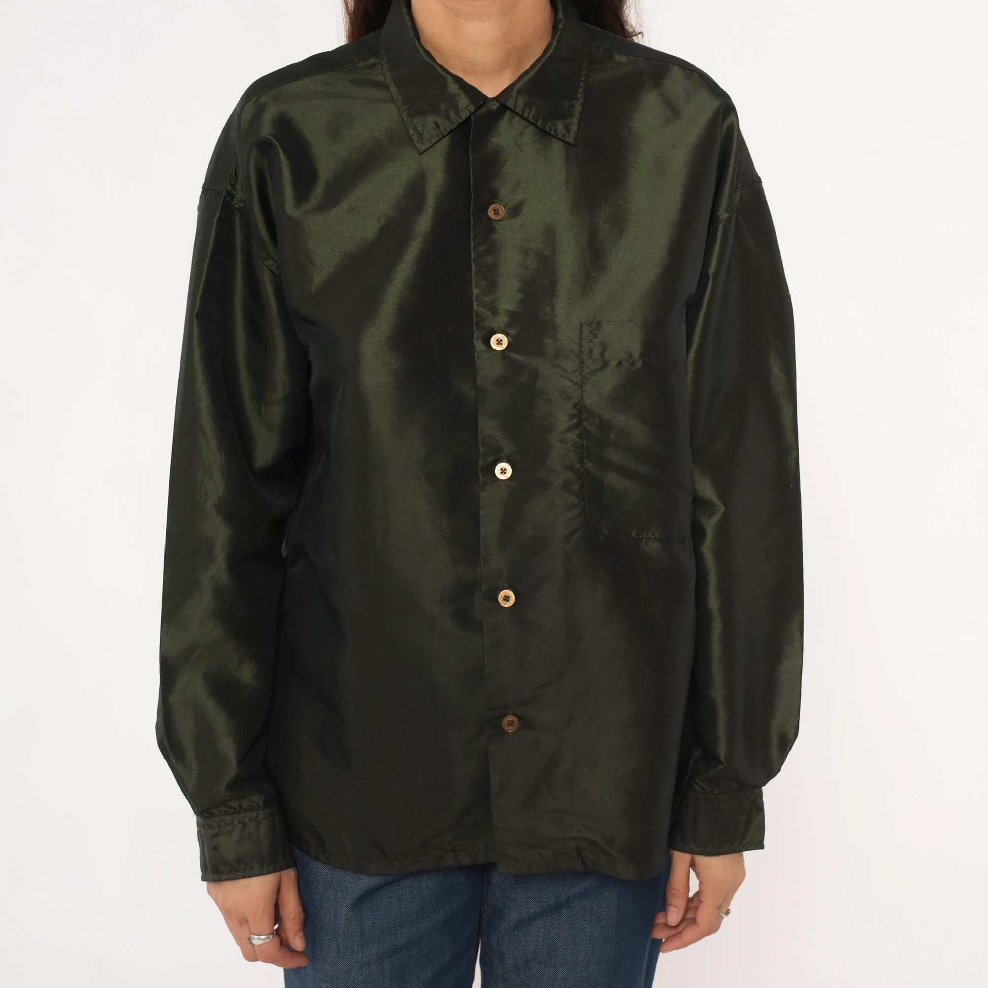 Y2K Olive Green Button-Up Shirt Sqwear Collared Long Sleeve Medium