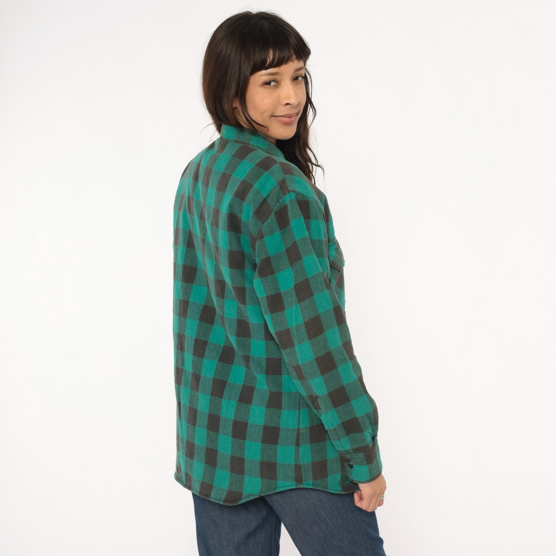 90s Sports Afield Buffalo Plaid Flannel Shirt Green Black Quilted Medium M