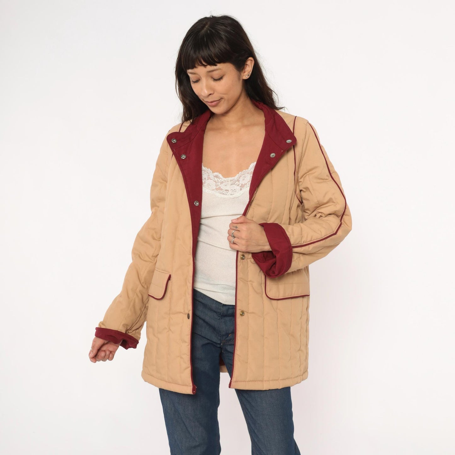 80s Saril Quilted Barn Jacket Tan Burgundy Trim Snap Front Small