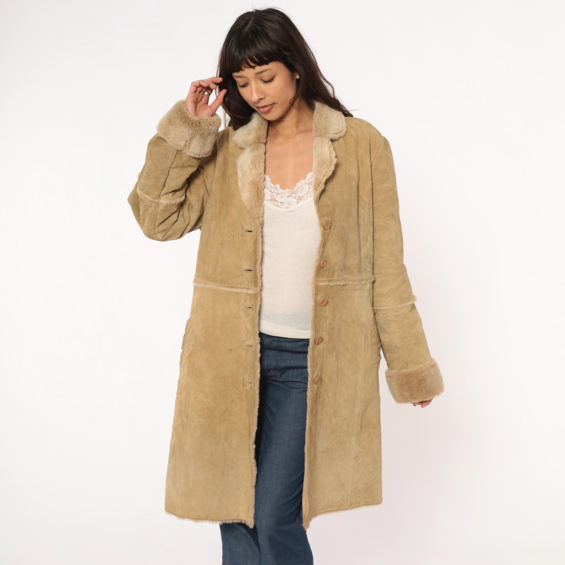 Y2K Brandon Thomas Leather Shearling Coat Tan Knee-Length Large L