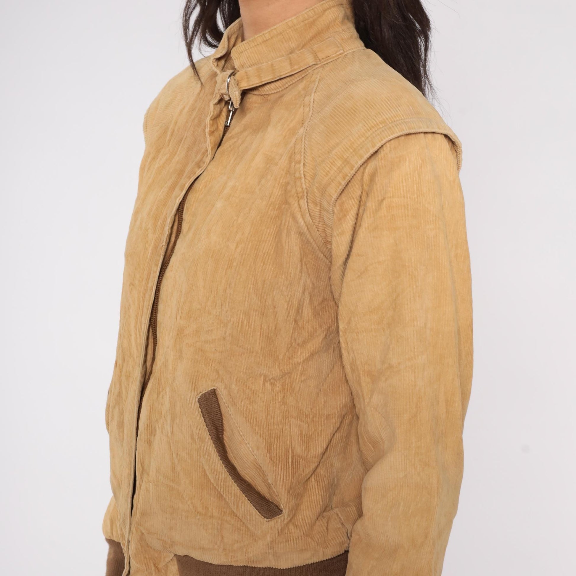 80s Tan Corduroy Bomber Jacket Zip Front Buckle Collar Extra Small XS