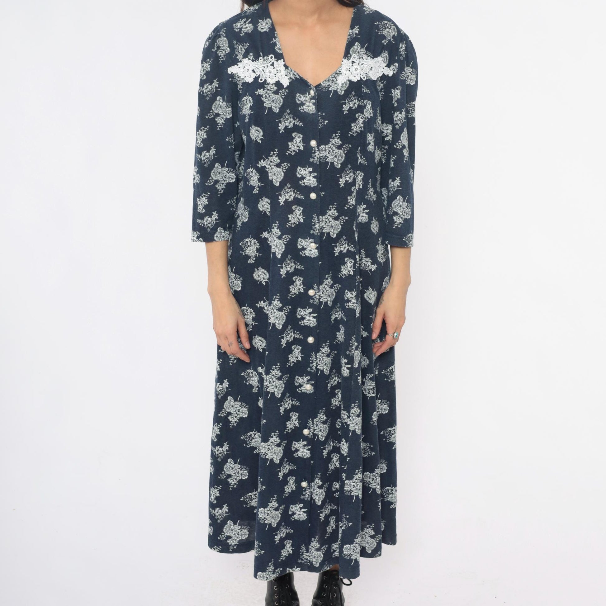 90s Navy Floral Maxi Dress Lace Collar Button Front Three Quarter Sleeve Extra Large XXL