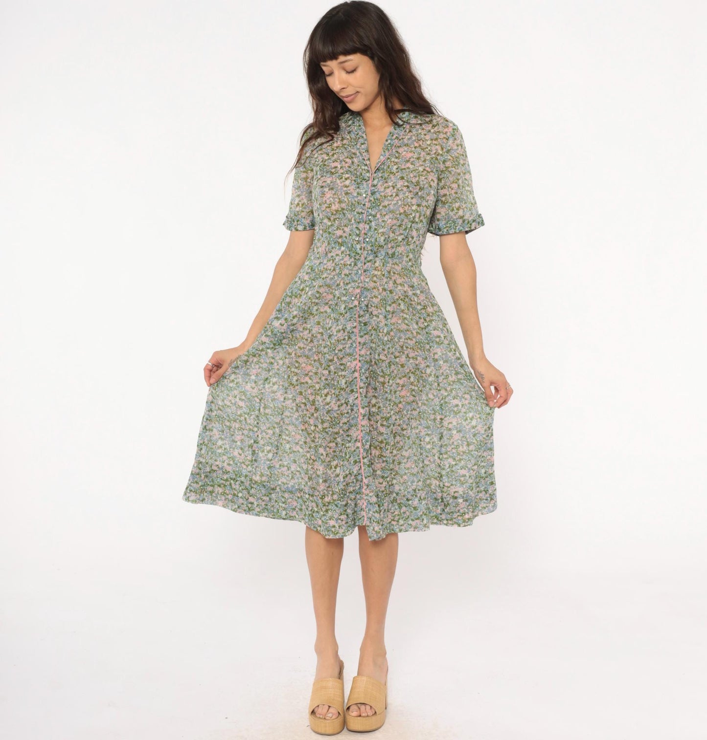 60s Laiglon Floral Midi Dress Button Front Shirtdress Cotton Medium