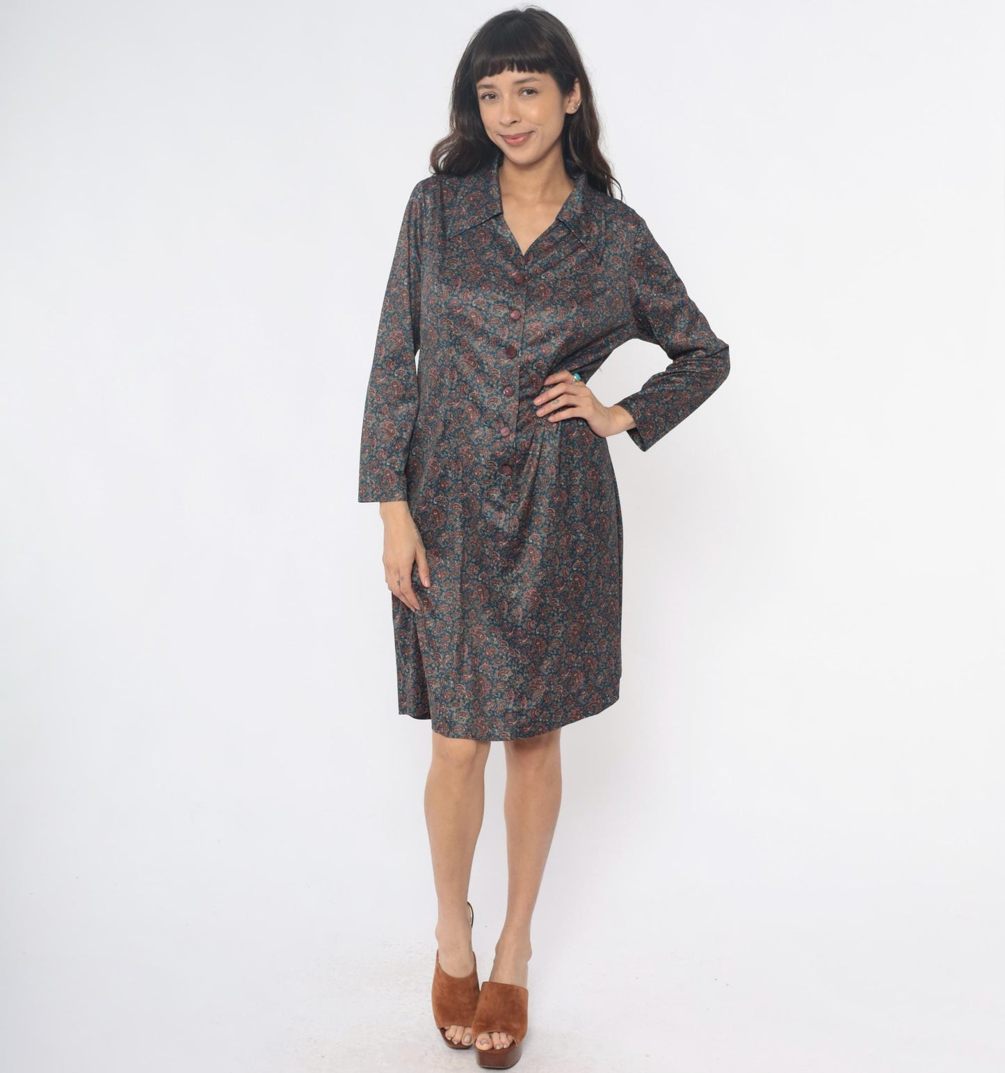 70s Paisley Shirt Dress Collared Button Front Long Sleeve Blue Large L