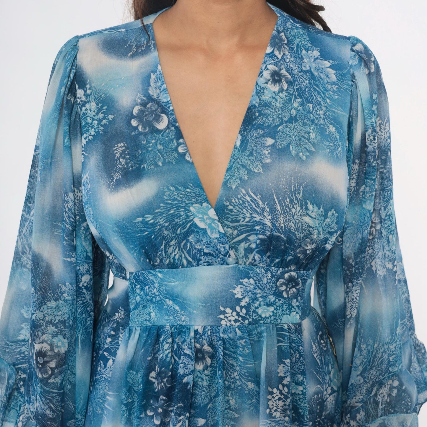 70s Blue Floral Angel Sleeve Maxi Dress Wrap Bodice Small Medium