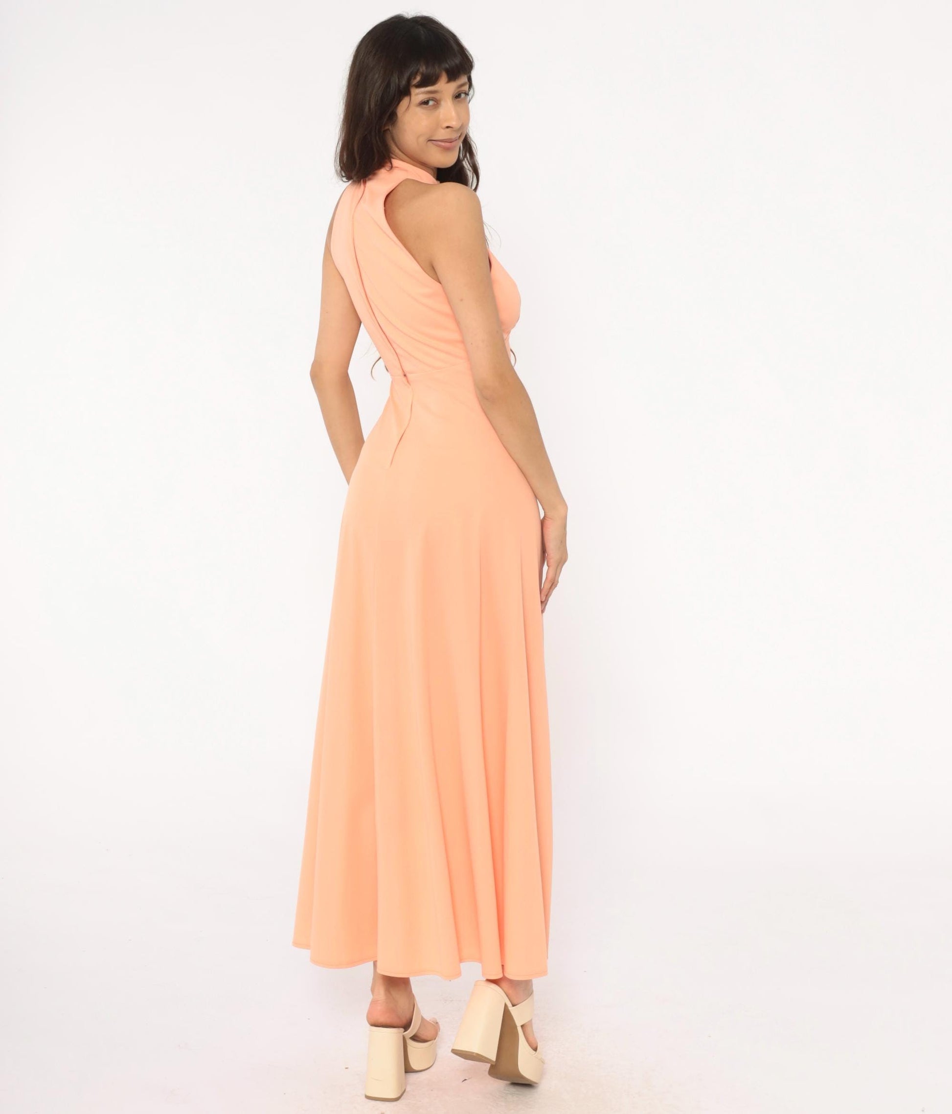 70s Peach Halter Maxi Dress Keyhole Cutout Empire Waist Small