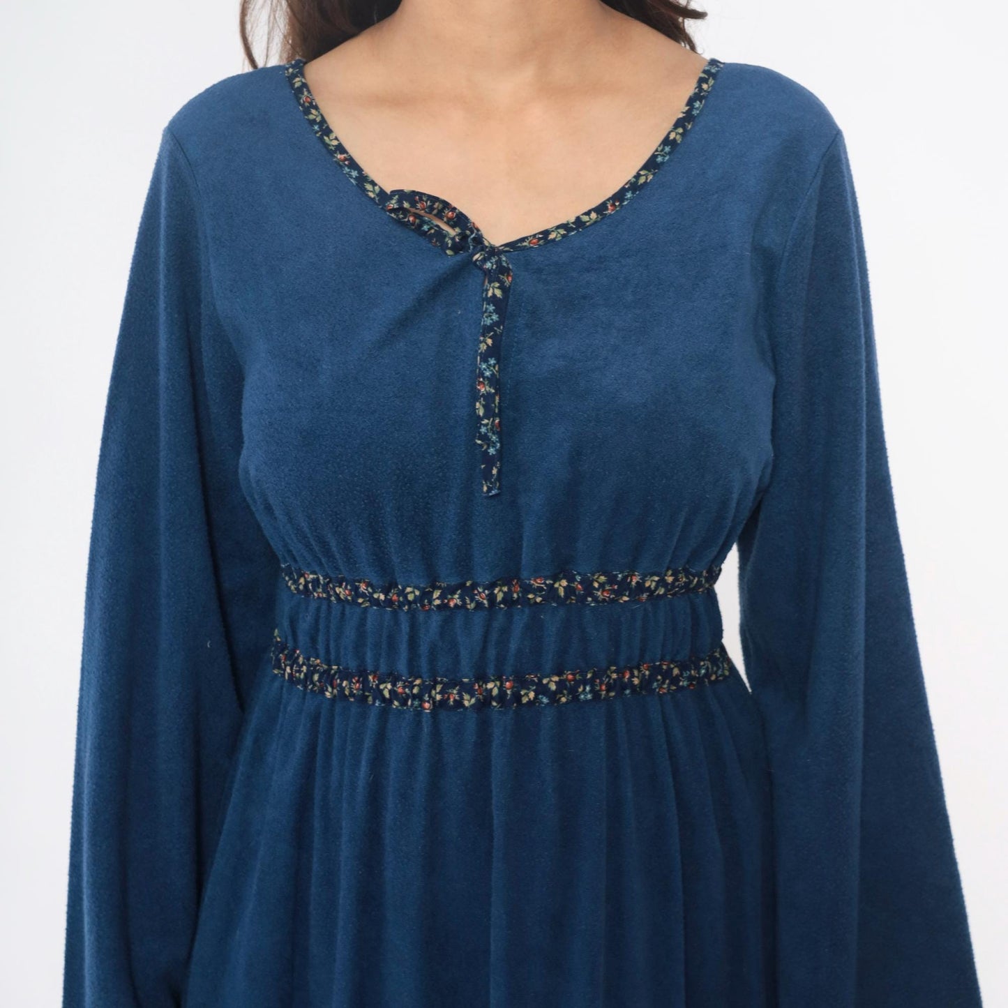 70s Blue Maxi Dress Empire Waist Desert Cactus Appliqué Long Sleeve Medium