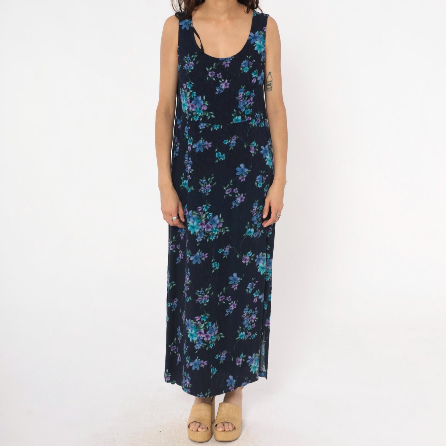 90s Karin Stevens Floral Maxi Dress Dark Blue Purple Sleeveless Tank Large