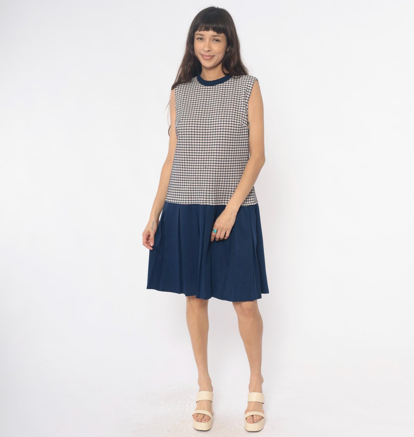 70s Navy Checkered Colorblock Dress Pleated Skirt Sleeveless Large L