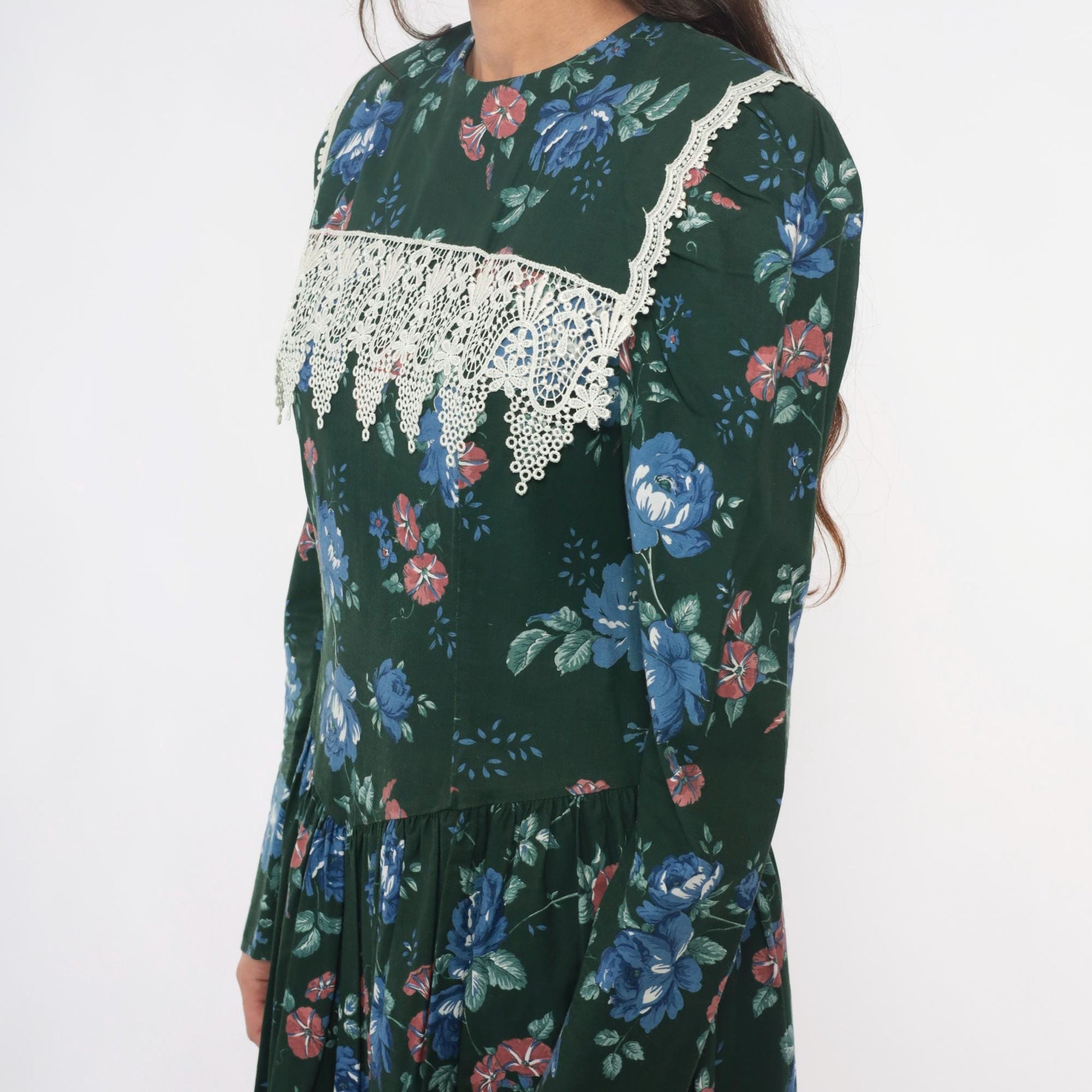 80s Jessica McClintock Gunne Sax Forest Green Floral Midi Dress Crochet Lace Medium M