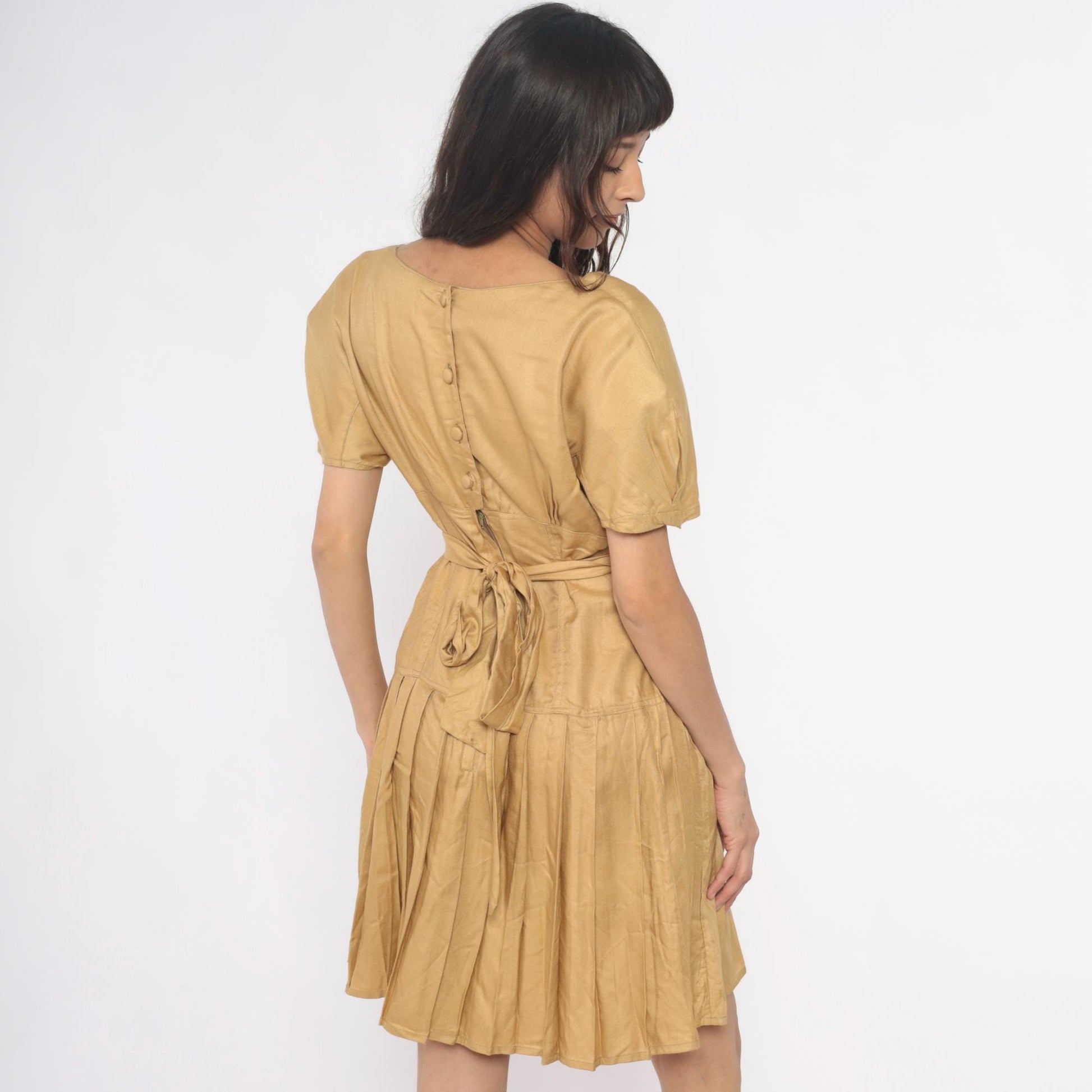 80s Golden Yellow Sundress Puff Sleeve V-Neck Tie Waist Pleated Small S