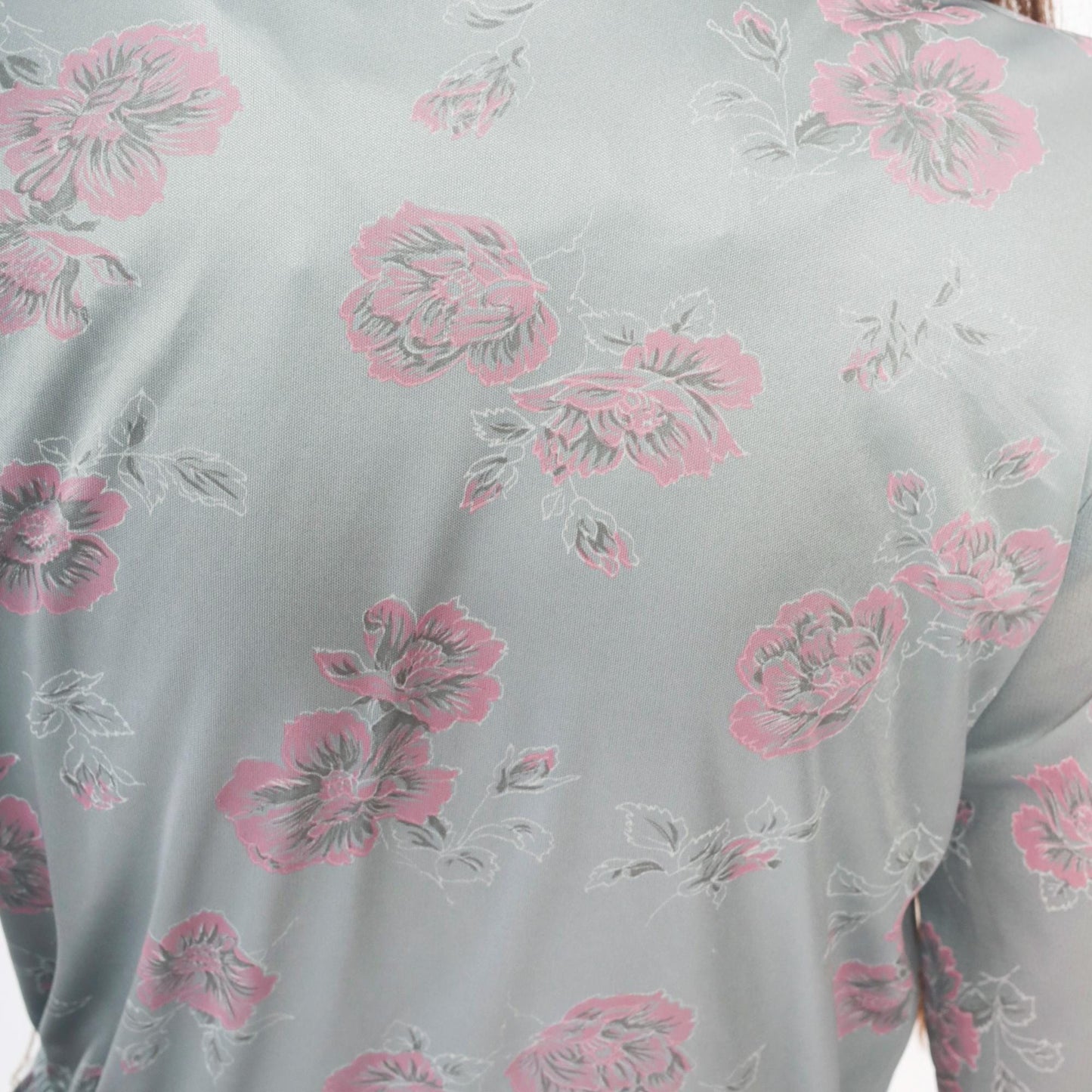 70s Floral Dress Silver Pink Long Sleeve Ruffle V-Neck Pleated Midi Small