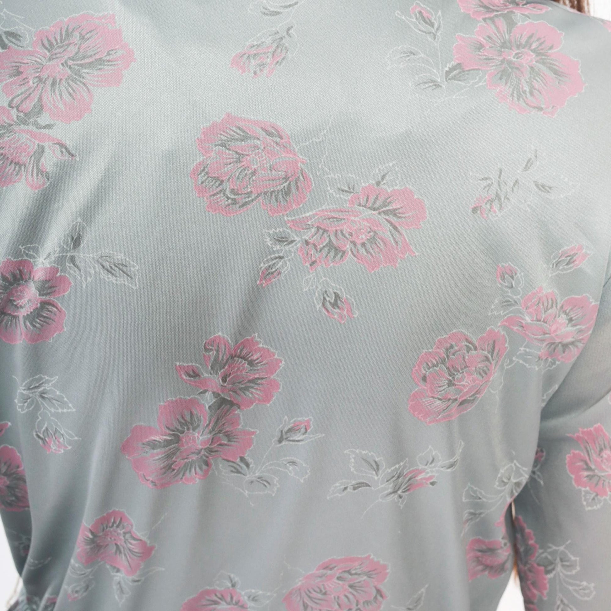 70s Floral Dress Silver Pink Long Sleeve Ruffle V-Neck Pleated Midi Small