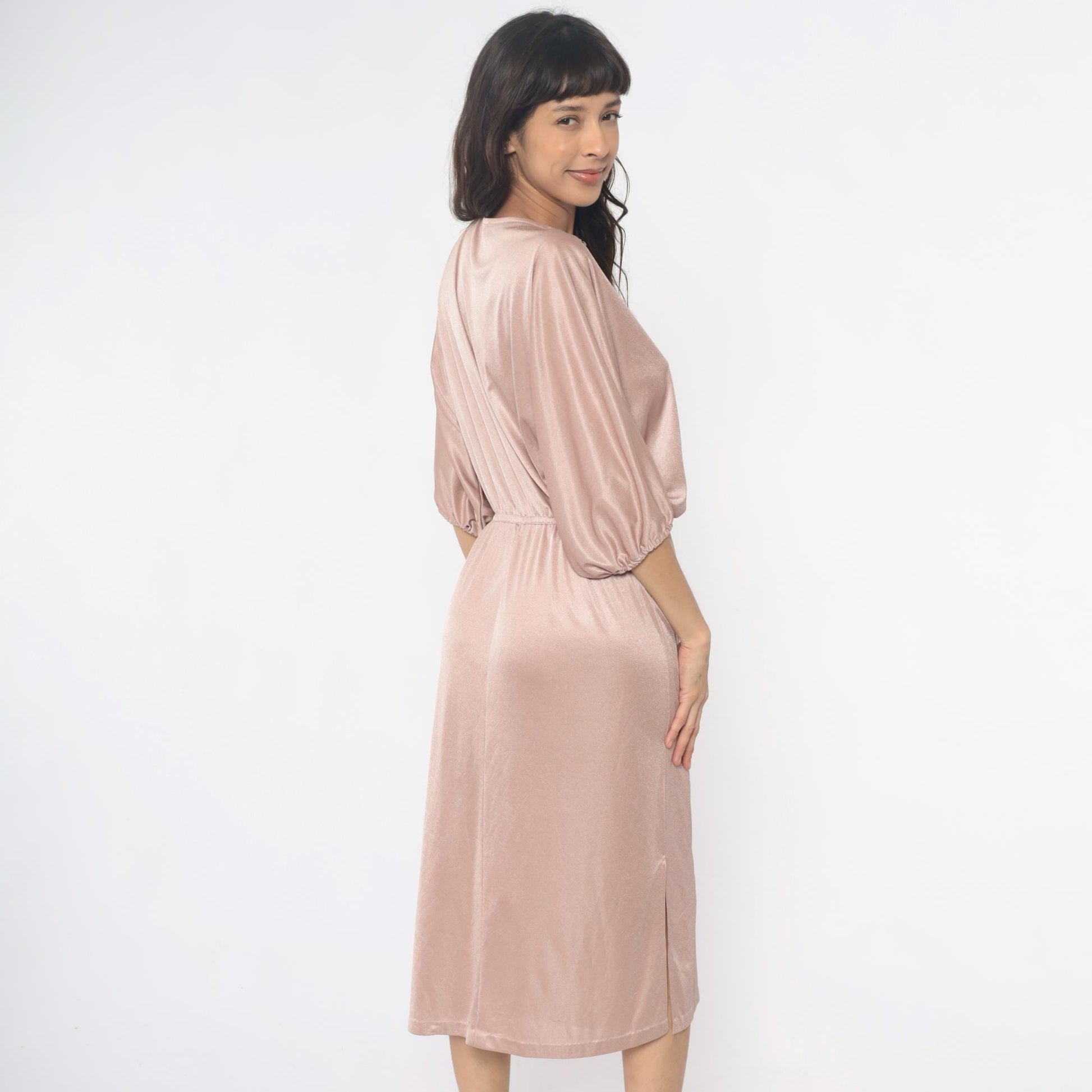 70s Blush Pink Satin Midi Dress Dolman Sleeve Keyhole Back Medium
