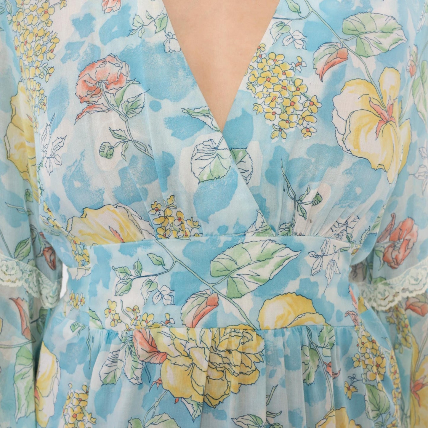 70s Light Blue Floral Maxi Dress Bell Sleeve Wrap Tie Waist Lace Trim Small Medium