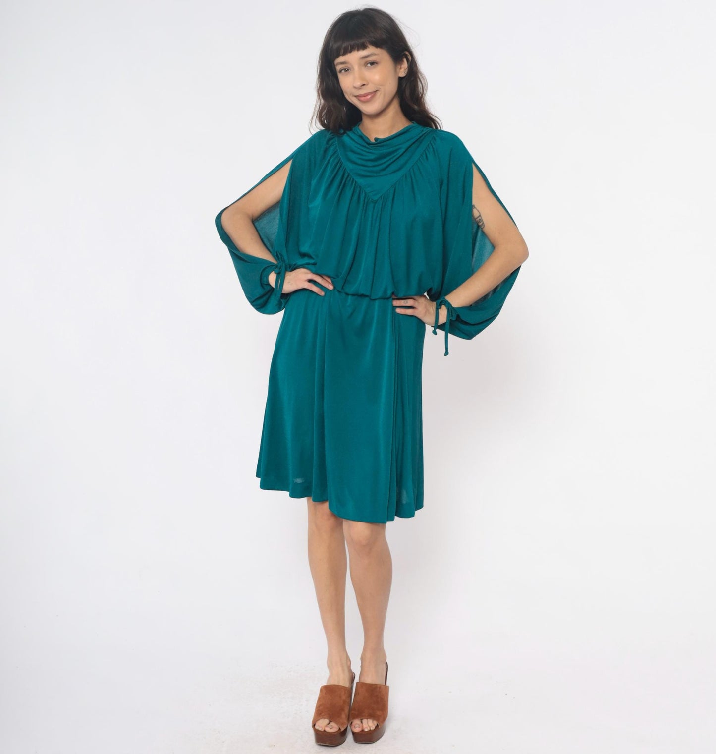 80s Teal Cowl Neck Dress Draped Split Sleeve Knee-Length Small Medium
