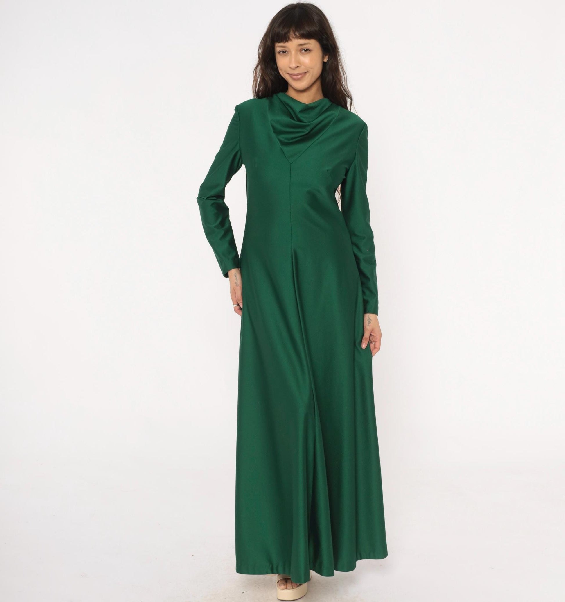 70s Green Maxi Dress Cowl Neck Long Sleeve Forest Draped Medium
