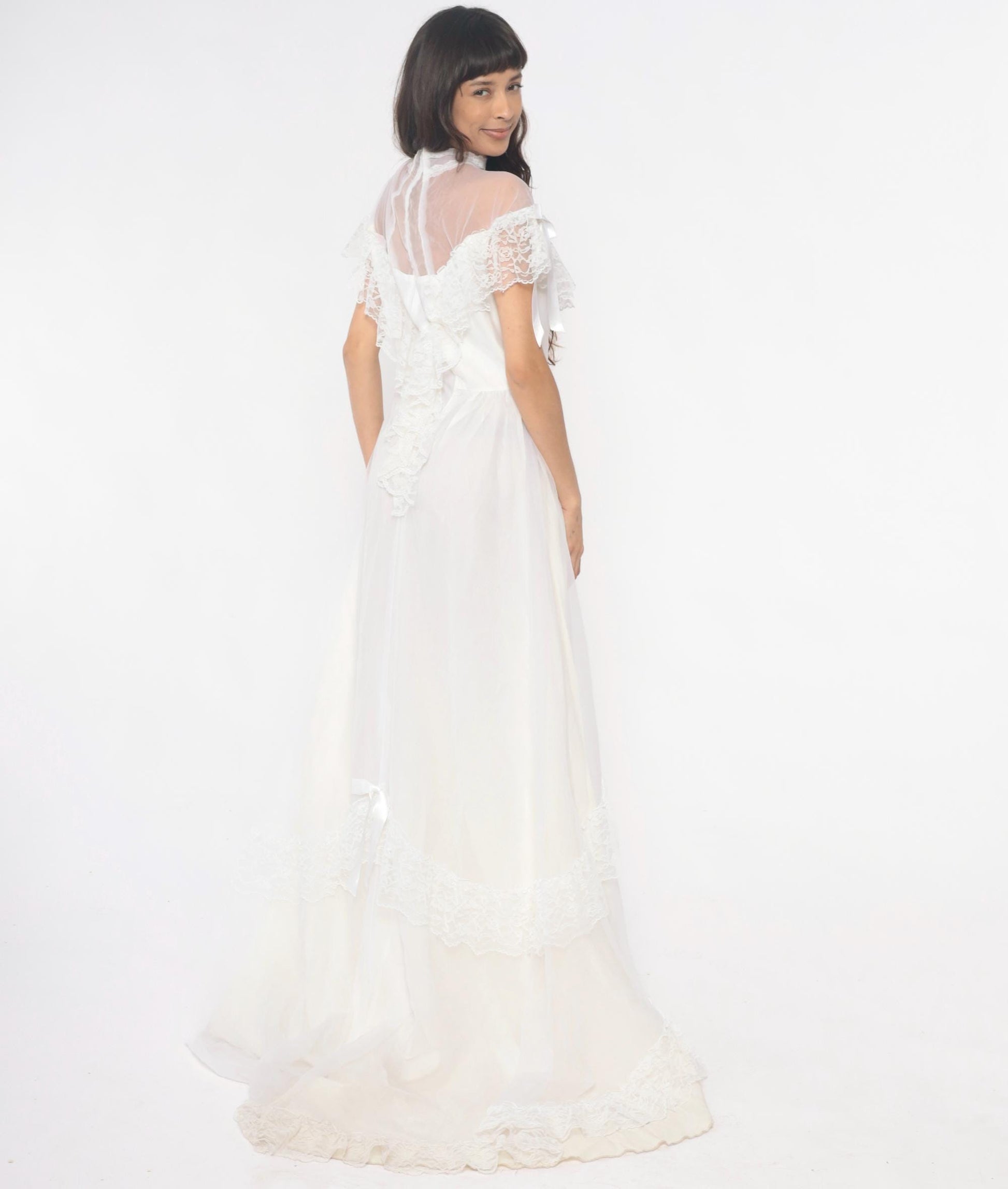 80s White Lace Maxi Nightgown Sheer High Neck Satin Ribbon Medium