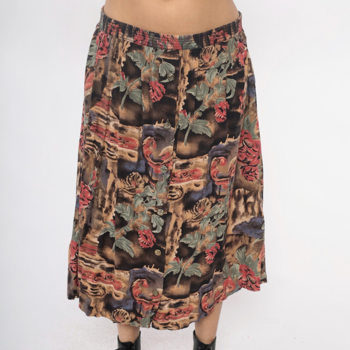 90s Floral Animal Print Midi Skirt Pink Green Brown Rayon Medium Large