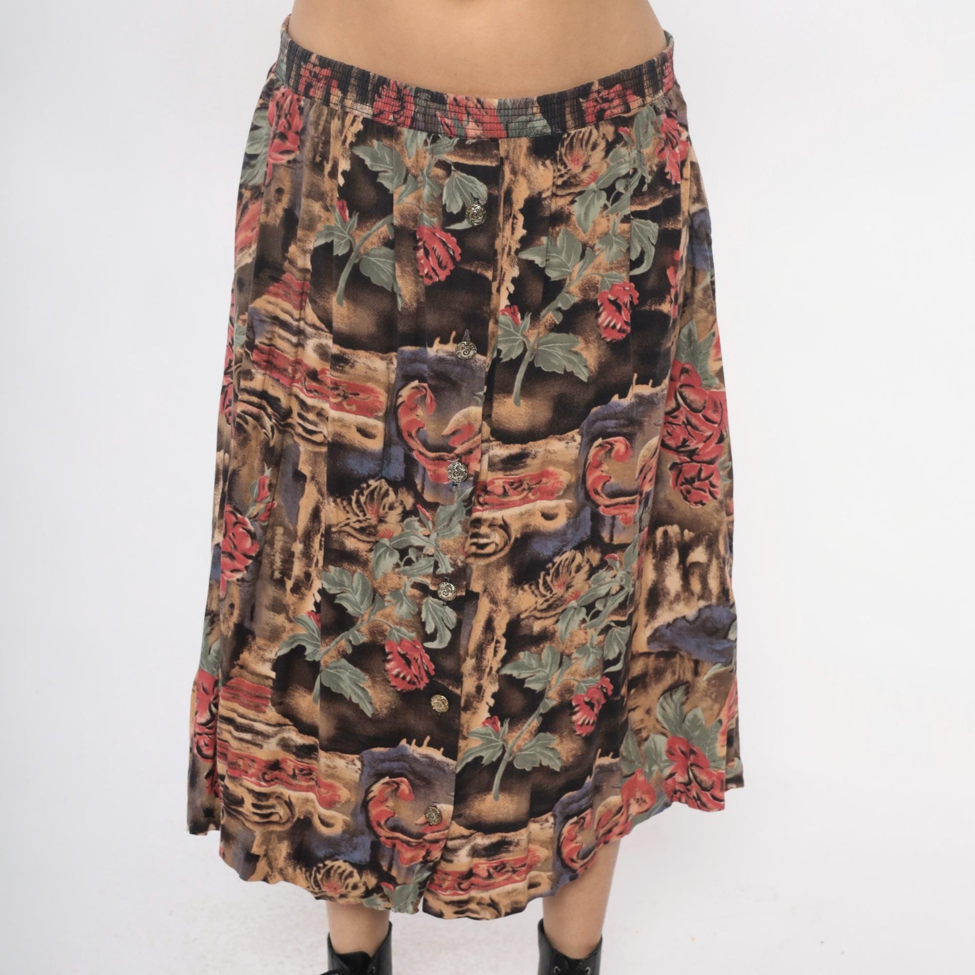 90s Floral Animal Print Midi Skirt Pink Green Brown Rayon Medium Large