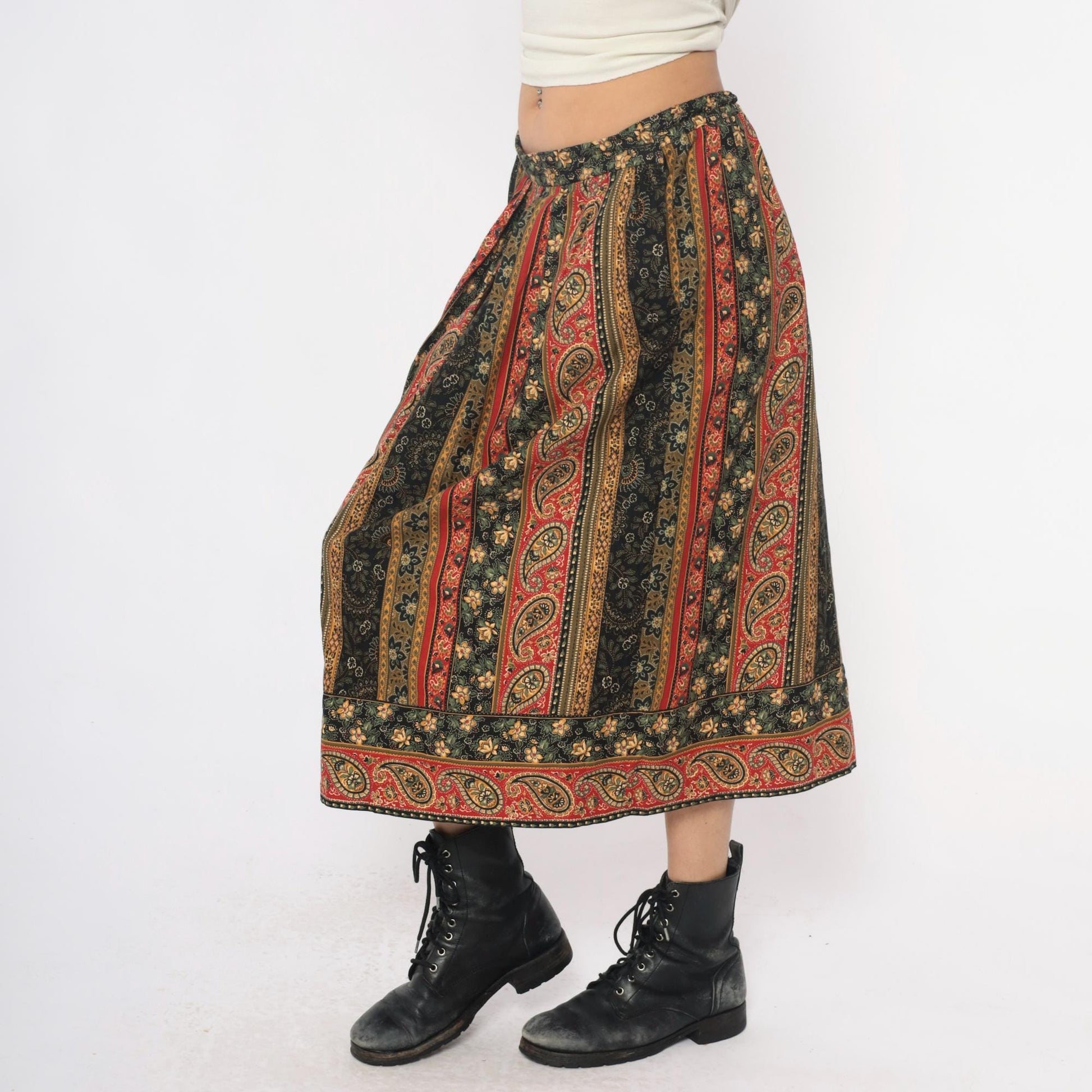 90s Suttles an Seawinds Midi Skirt Paisley Floral Stripe Elastic Waist Large