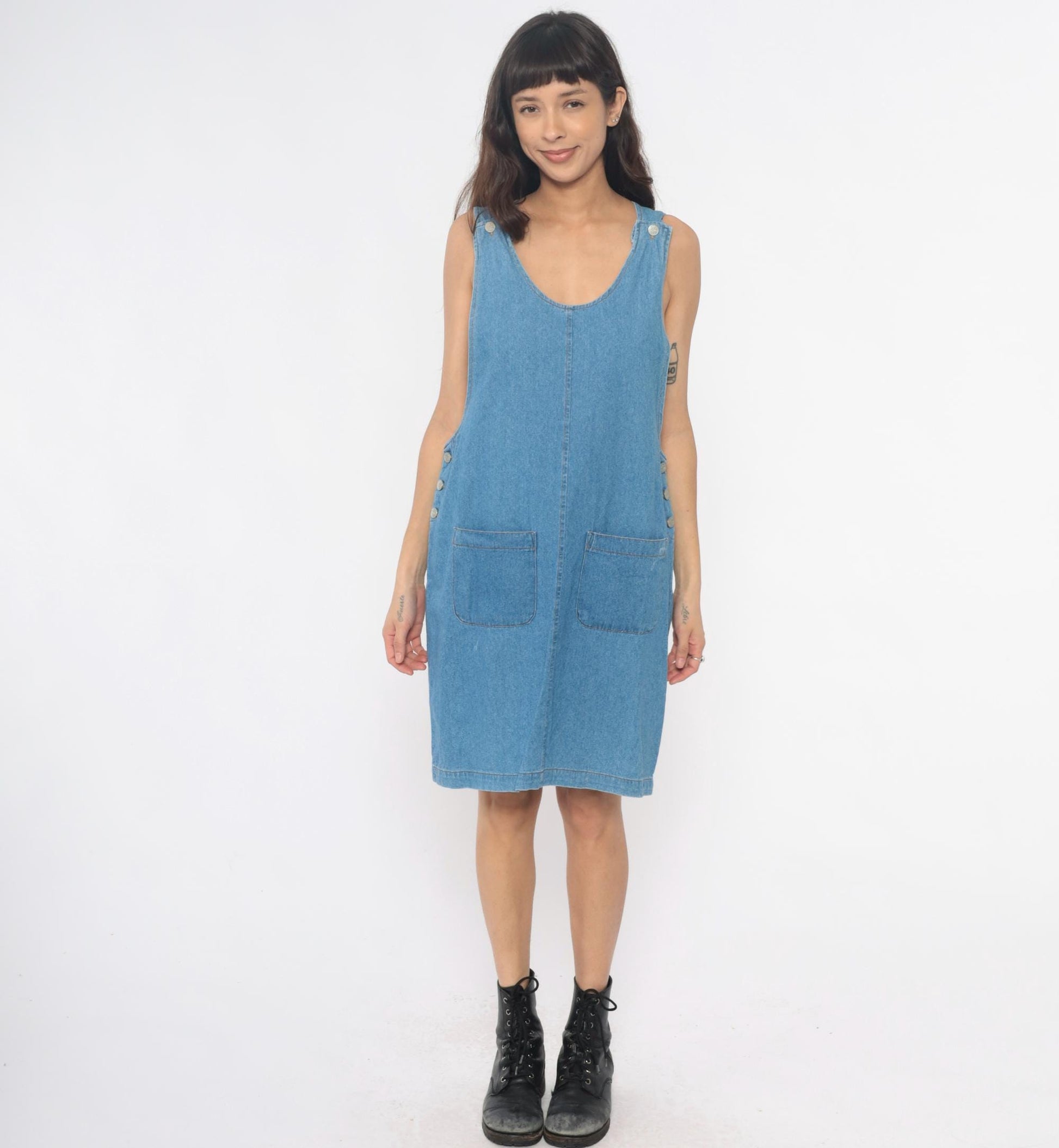 90s Fads Light Blue Denim Dress Sleeveless Side Button Shift Large L
