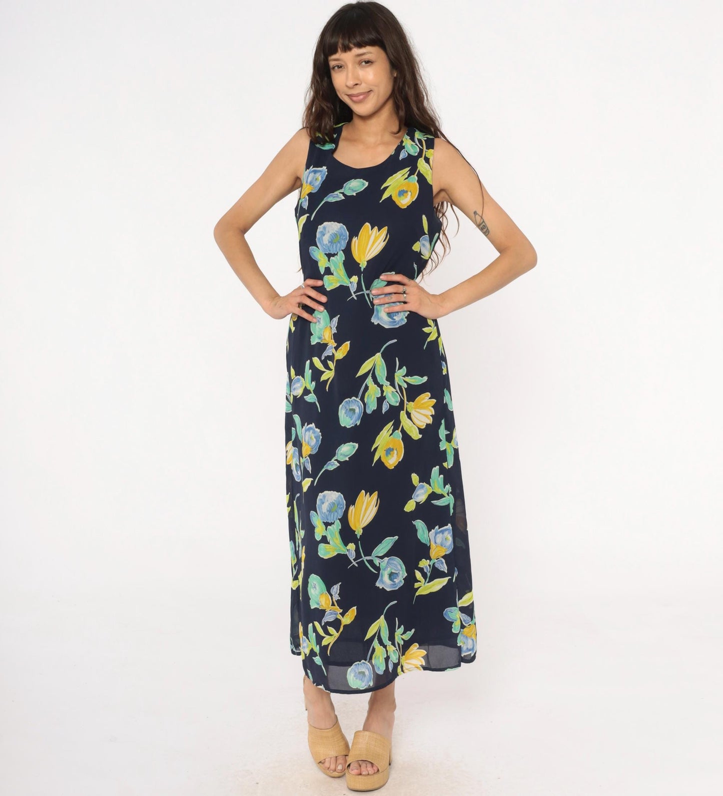 90s Bentley Floral Maxi Dress Navy Blue Yellow Green Scoop Neck Large L