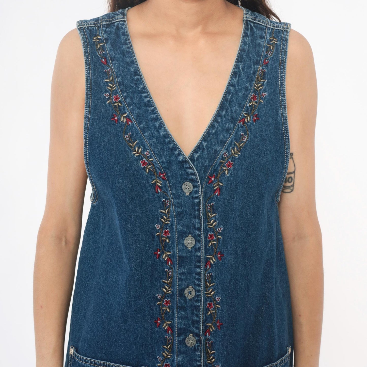 90s JL NY Sport Denim Mini Dress Floral Embroidery Blue Small