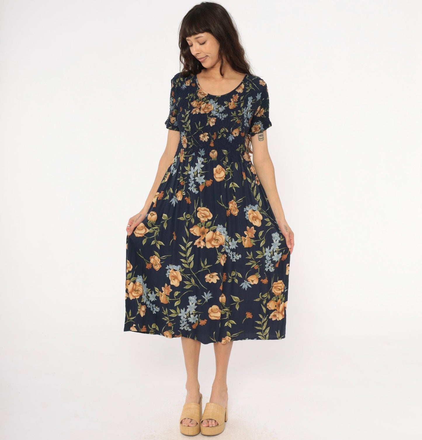 90s Impressions Navy Floral Midi Dress Smocked Empire Waist Short Sleeve Large L