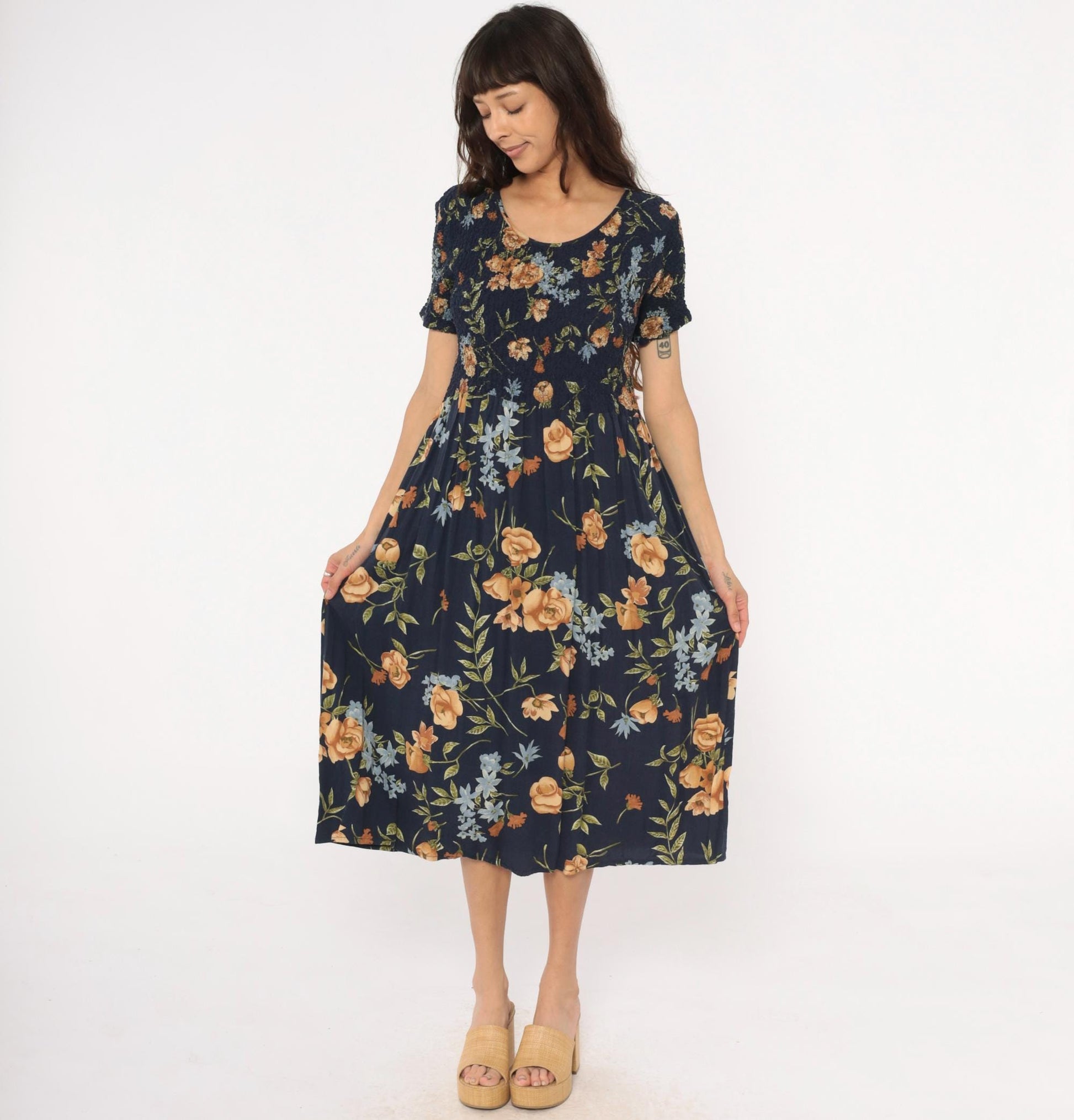 90s Impressions Navy Floral Midi Dress Smocked Empire Waist Short Sleeve Large L
