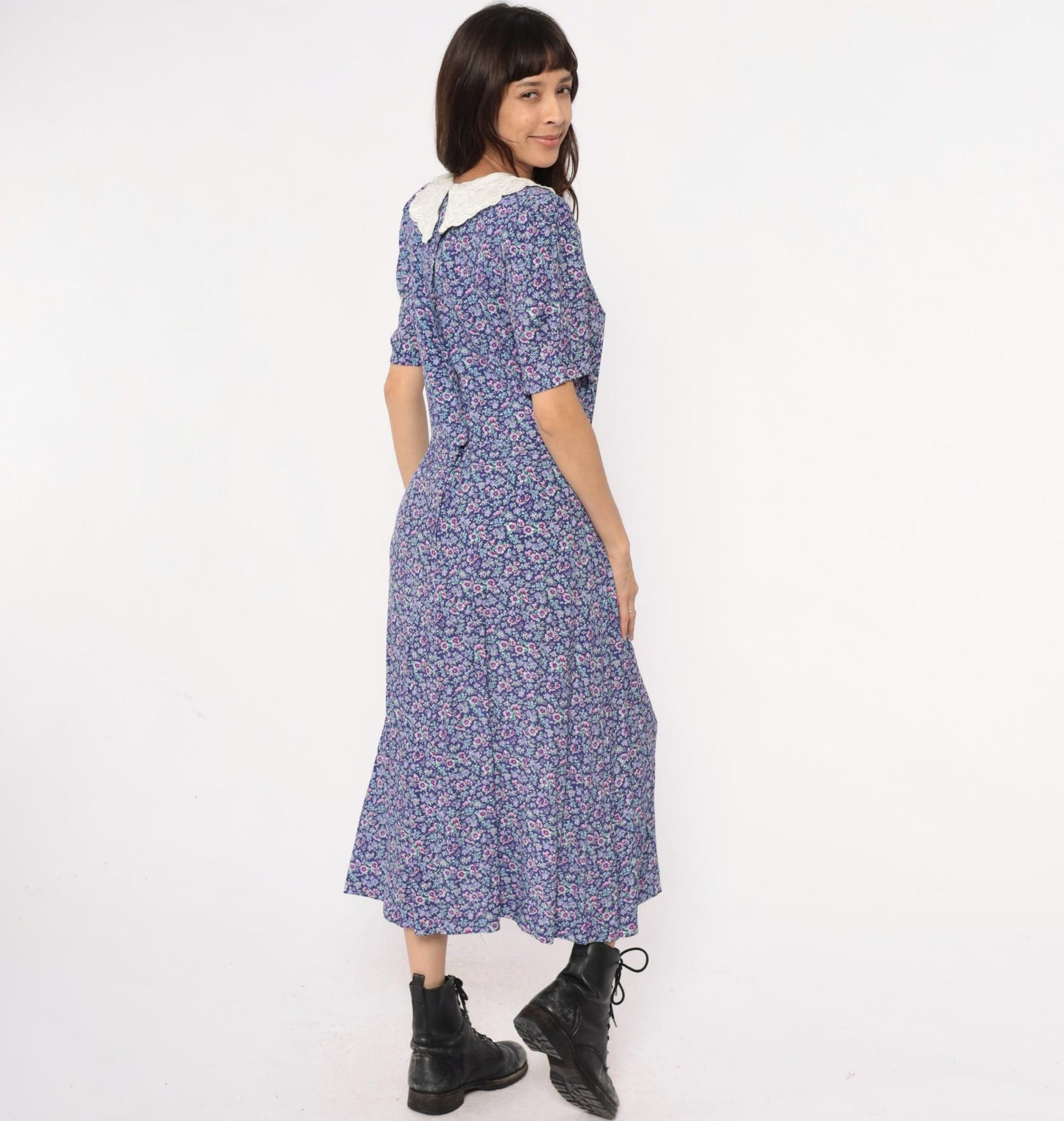 90s Karin Stevens Floral Maxi Dress Peter Pan Collar Purple Medium