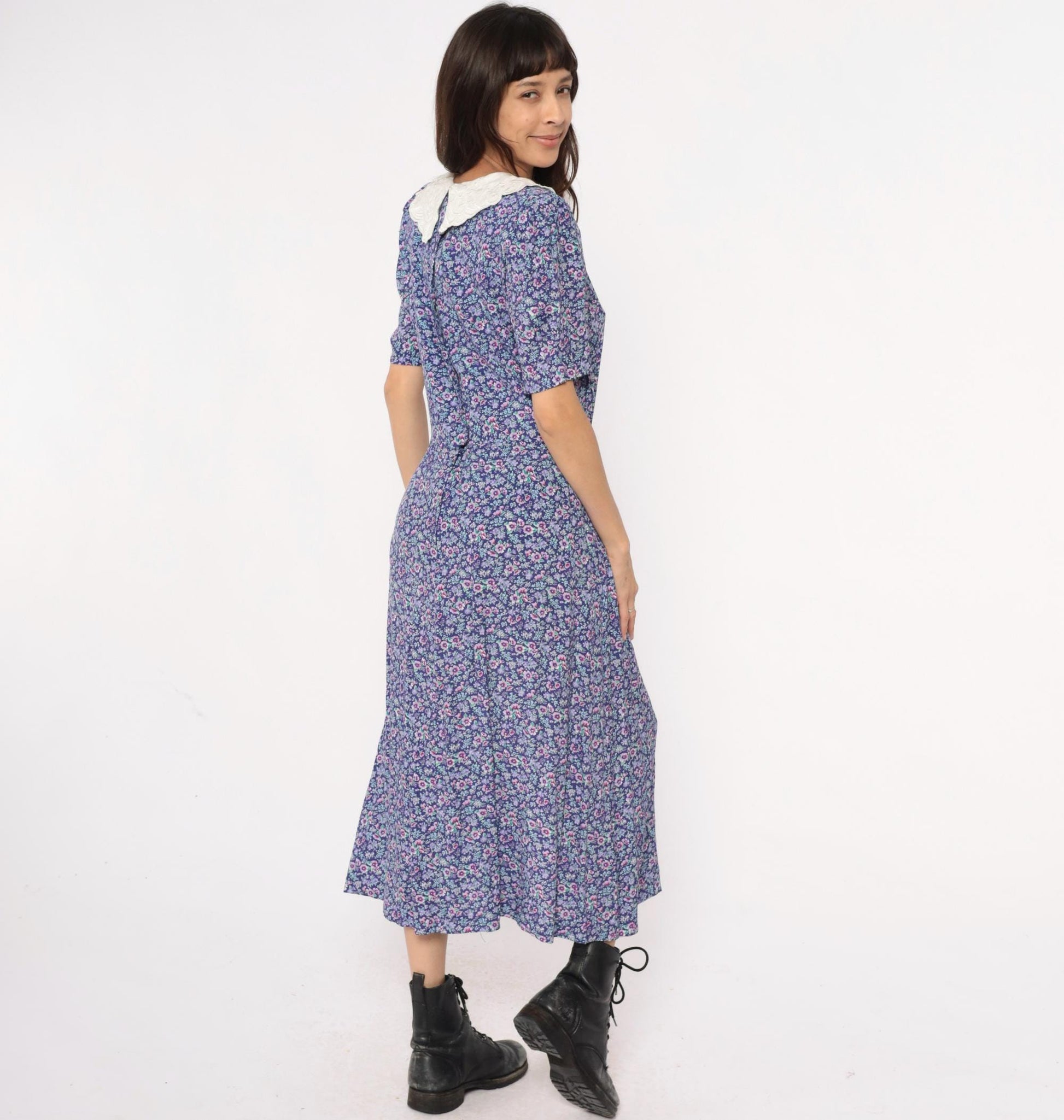 90s Karin Stevens Floral Maxi Dress Peter Pan Collar Purple Medium