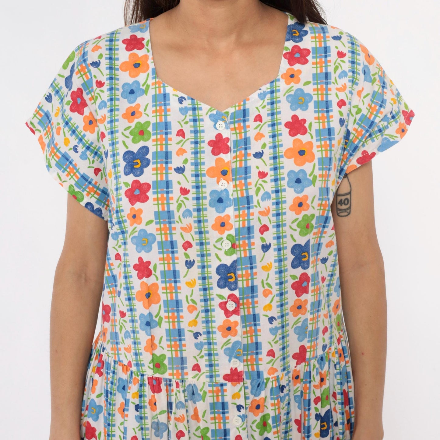80s Chandni Floral Maxi Dress Button Front Drop Waist Multicolor Large L