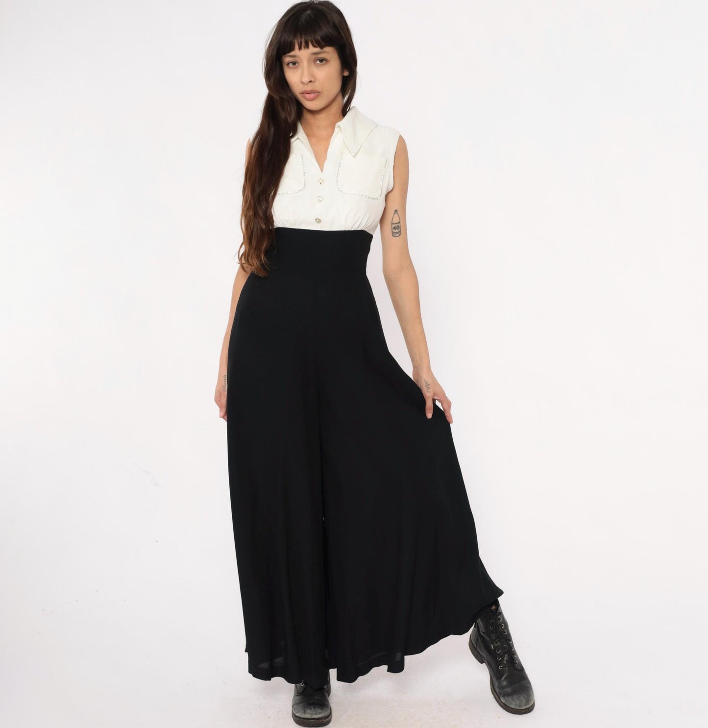 90s Black Cream Colorblock Sleeveless Jumpsuit Rhinestone High Waist Small