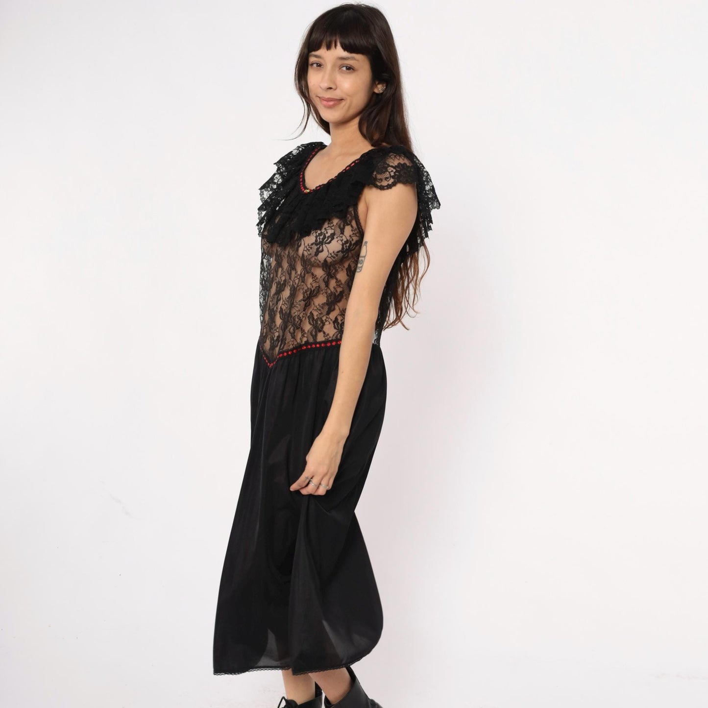 80s Stroke of Midnight Black Lace Nightgown Red Beaded Trim Maxi Large