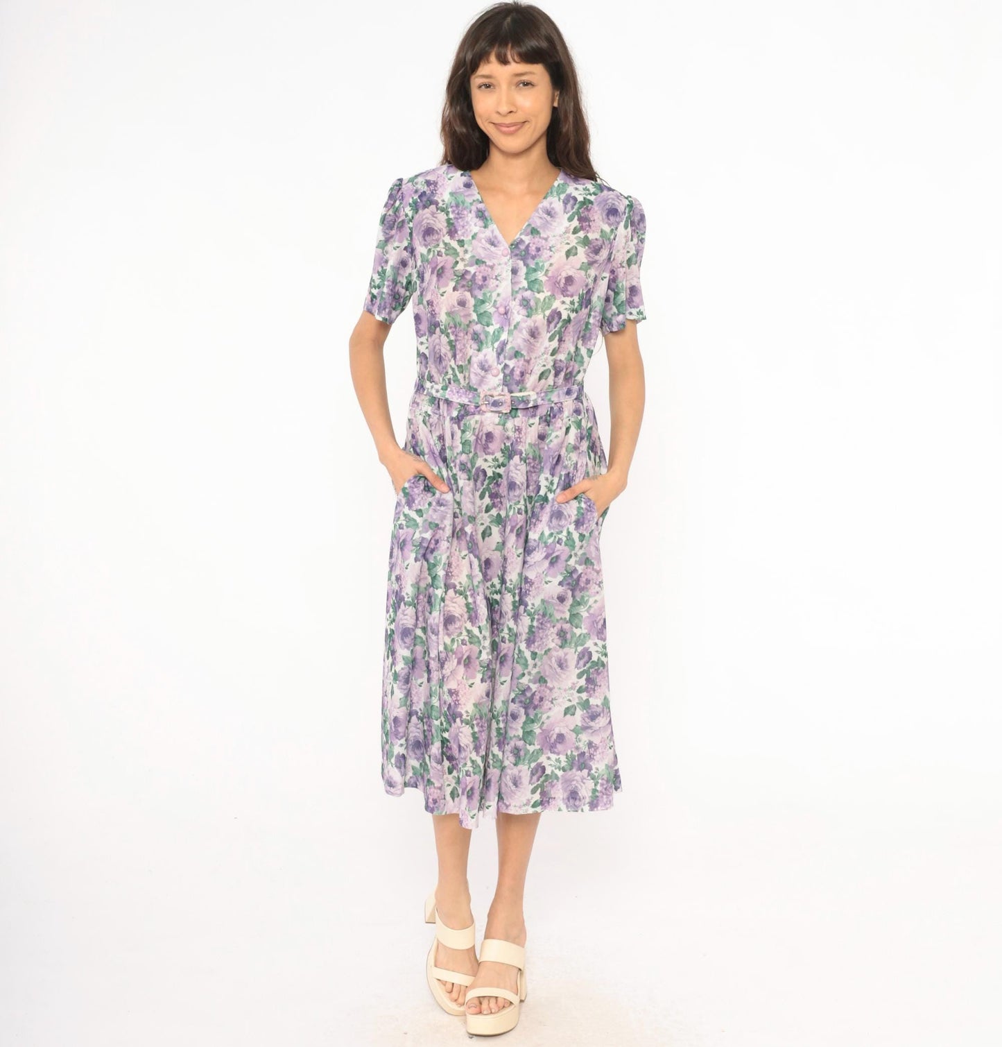 80s Anthony Richards Floral Midi Dress Purple Lavender Rose Puff Sleeve Large L
