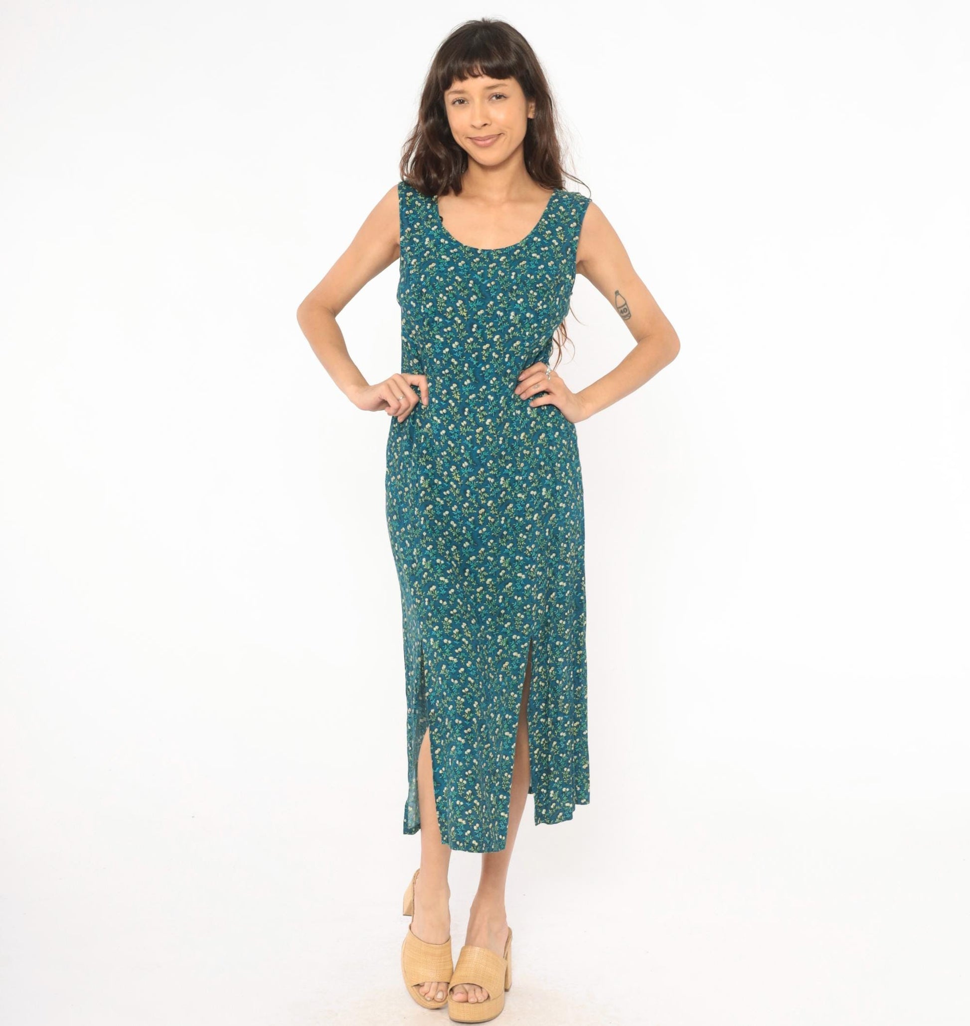 90s TR Bentley Floral Midi Dress Teal Sleeveless Scoop Neck Medium M
