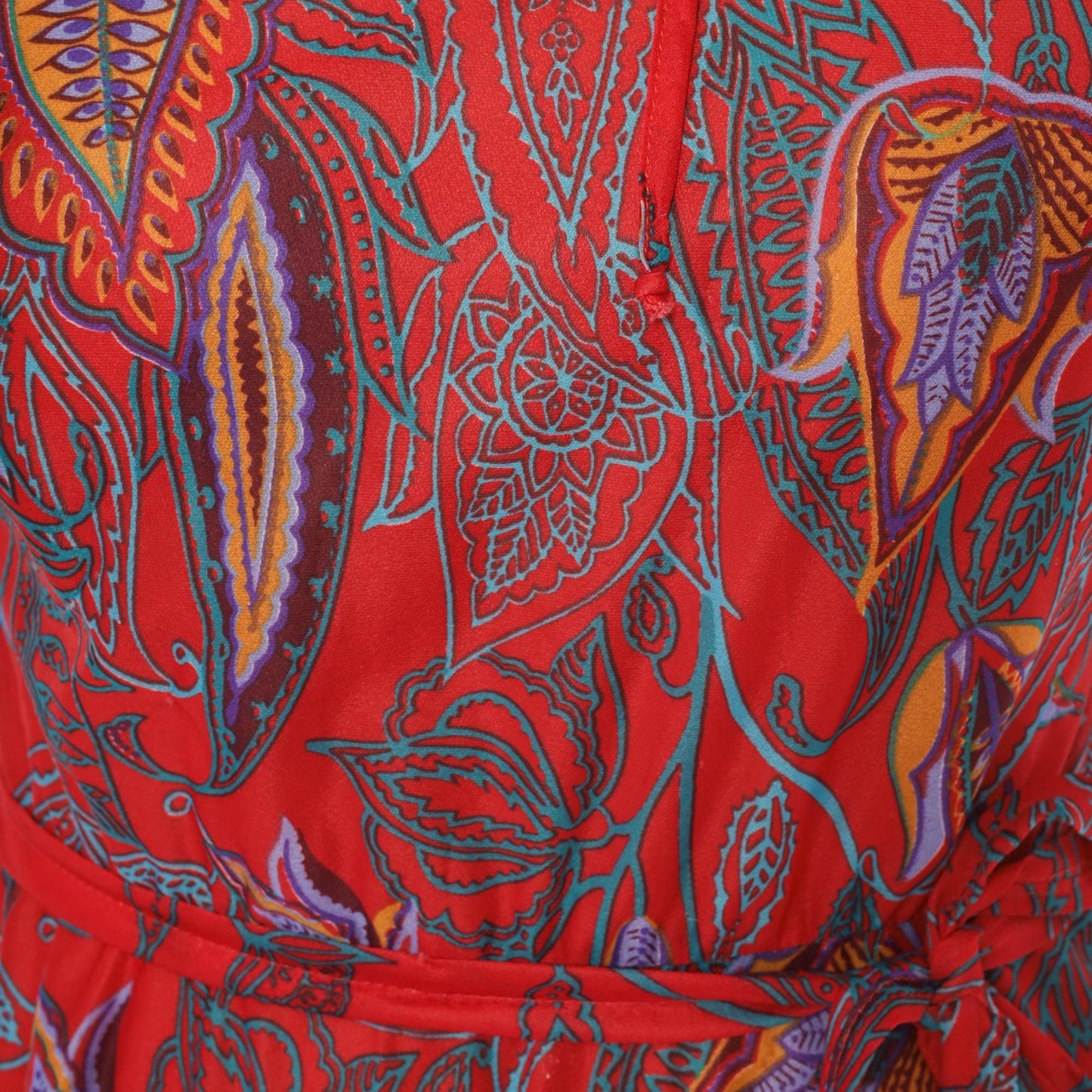 80s NPC Fashions Red Paisley Botanical Tie Neck Dress Knee Length Small Medium