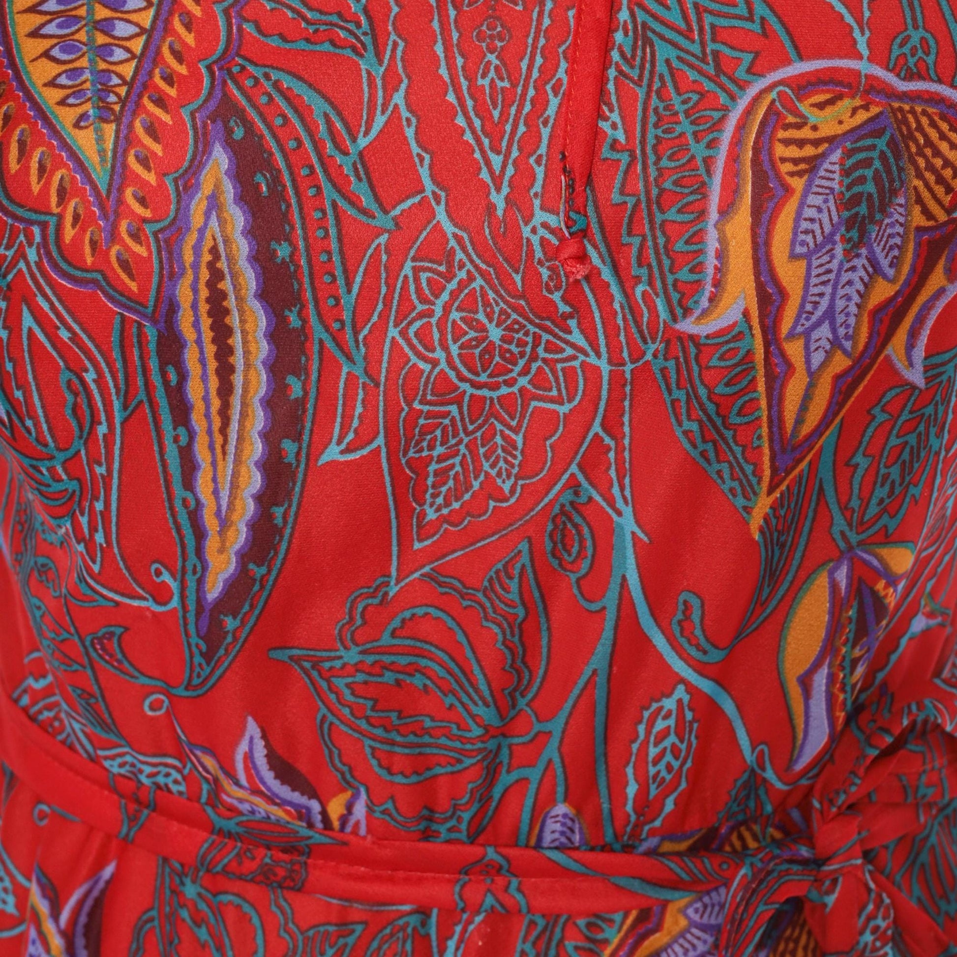 80s NPC Fashions Red Paisley Botanical Tie Neck Dress Knee Length Small Medium