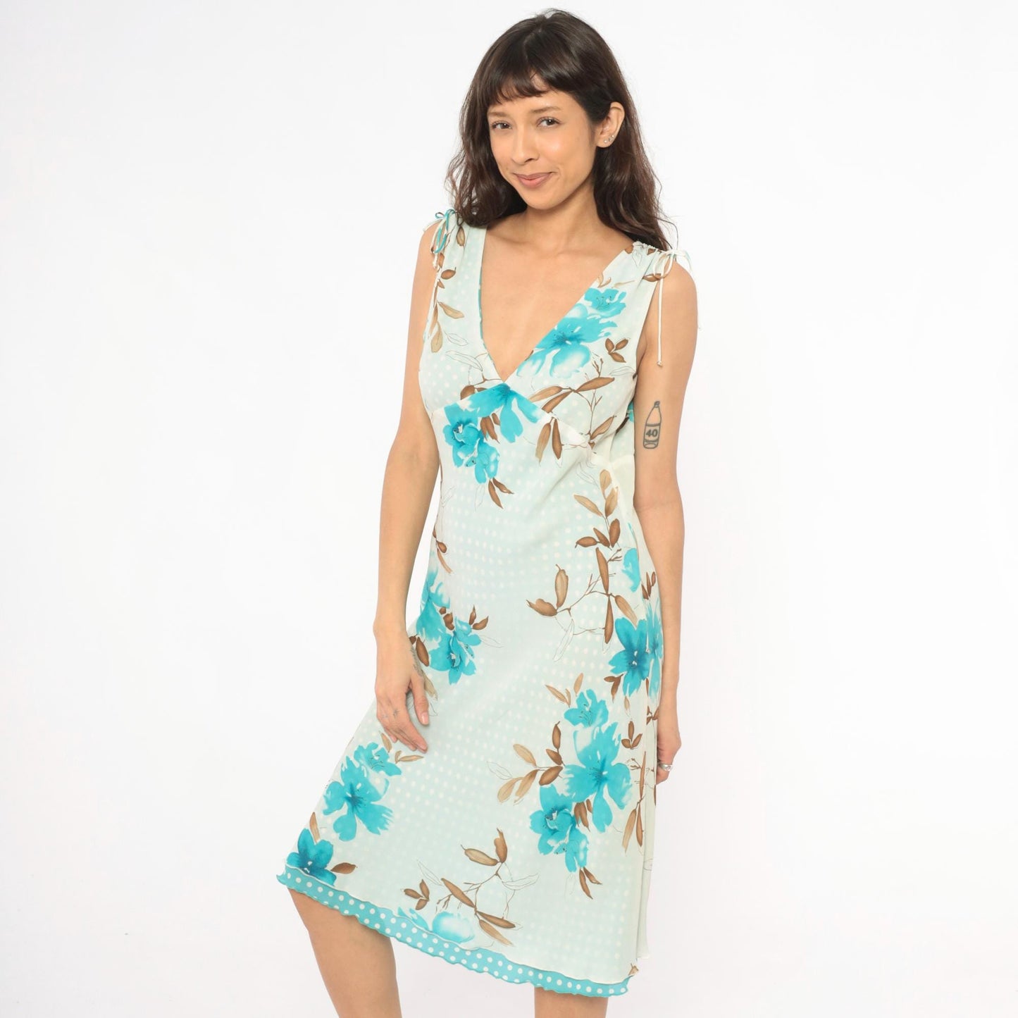 Y2K Reversible Floral Polka Dot Chiffon Dress Turquoise Cream V Neck Tie Shoulder Midi Medium M