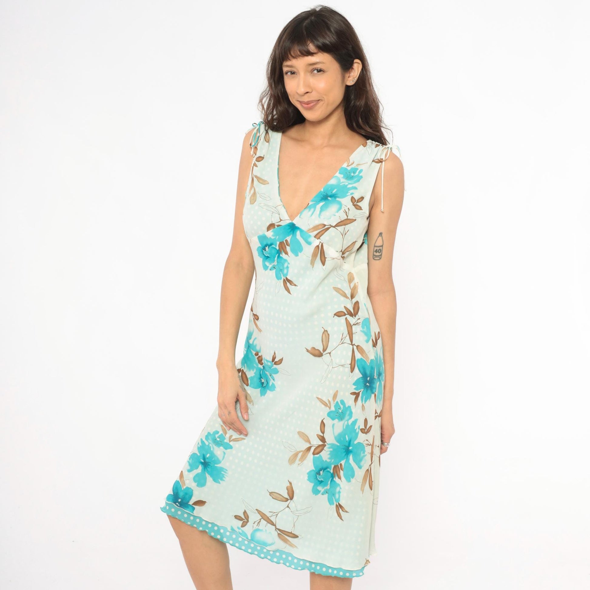Y2K Reversible Floral Polka Dot Chiffon Dress Turquoise Cream V Neck Tie Shoulder Midi Medium M