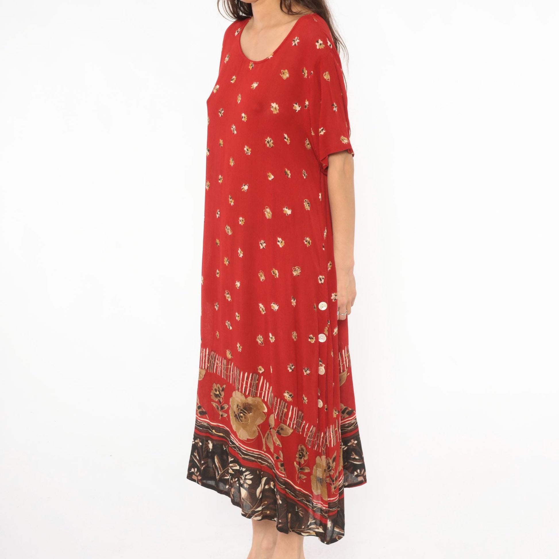 90s Red Floral Maxi Dress Gold Border Button Side Slit Large L