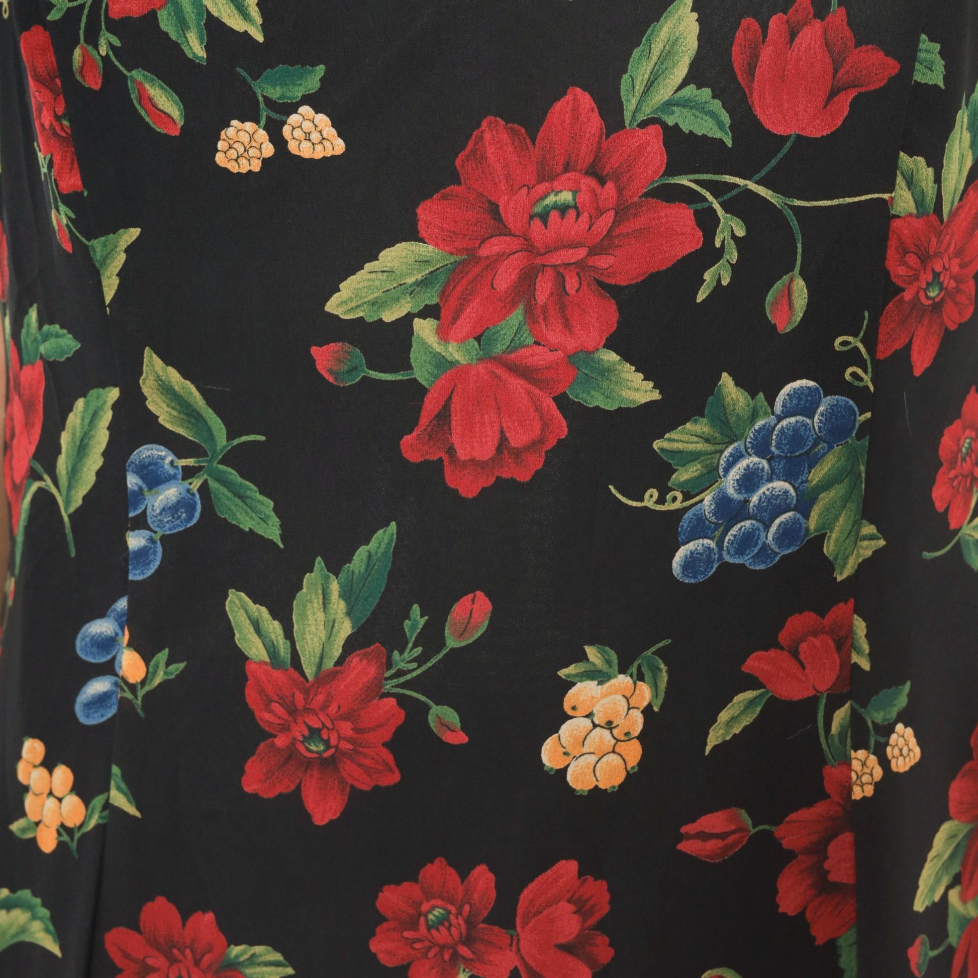 90s Olivia Rose Floral Knee-Length Dress Black Red Grape Print Medium M