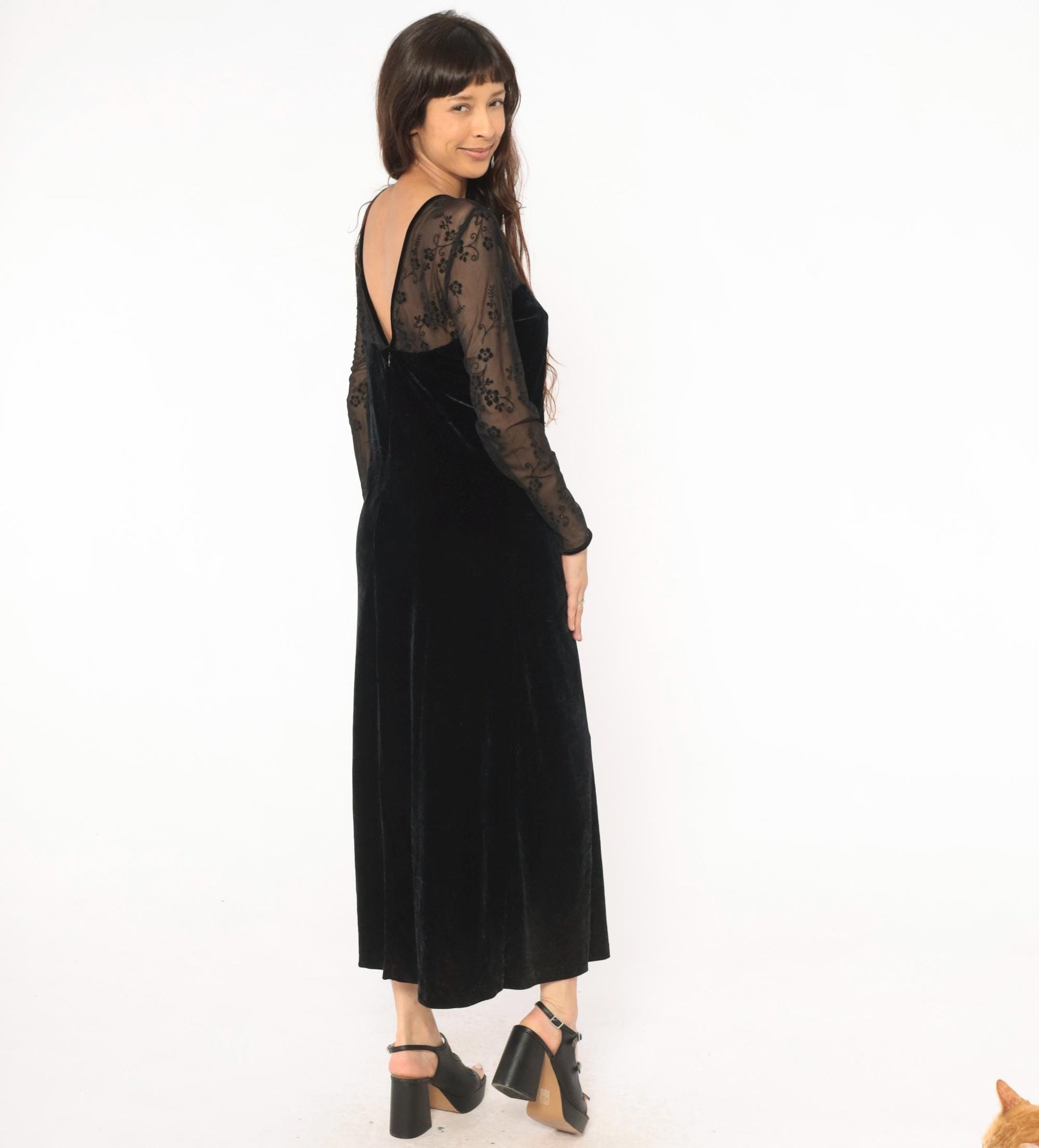 90s Kathie Lee Black Velvet Maxi Dress Embroidered Mesh Sweetheart V Back Small