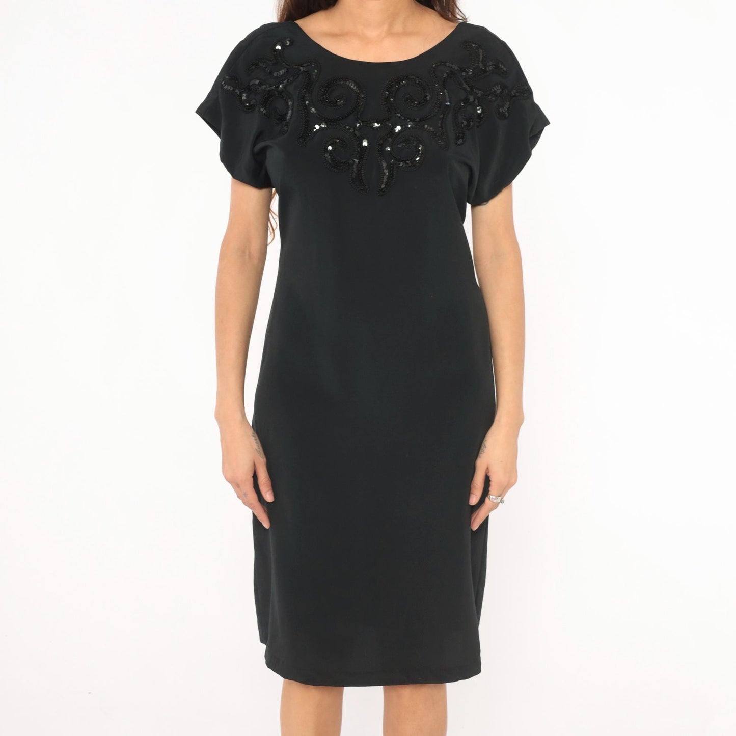 80s Susan Roselli Sequin Beaded Black Sheath Dress Scoop Neck Small S