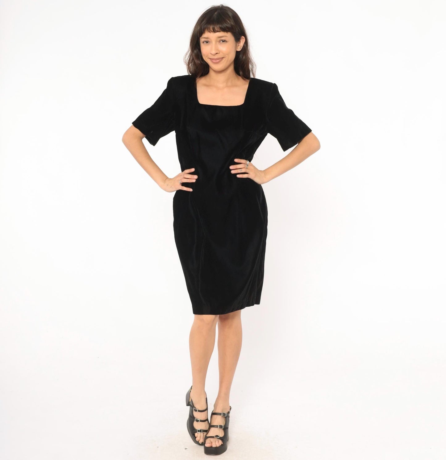 90s My Michelle Black Velvet Dress Square Neck Short Sleeve Knee Length Large L