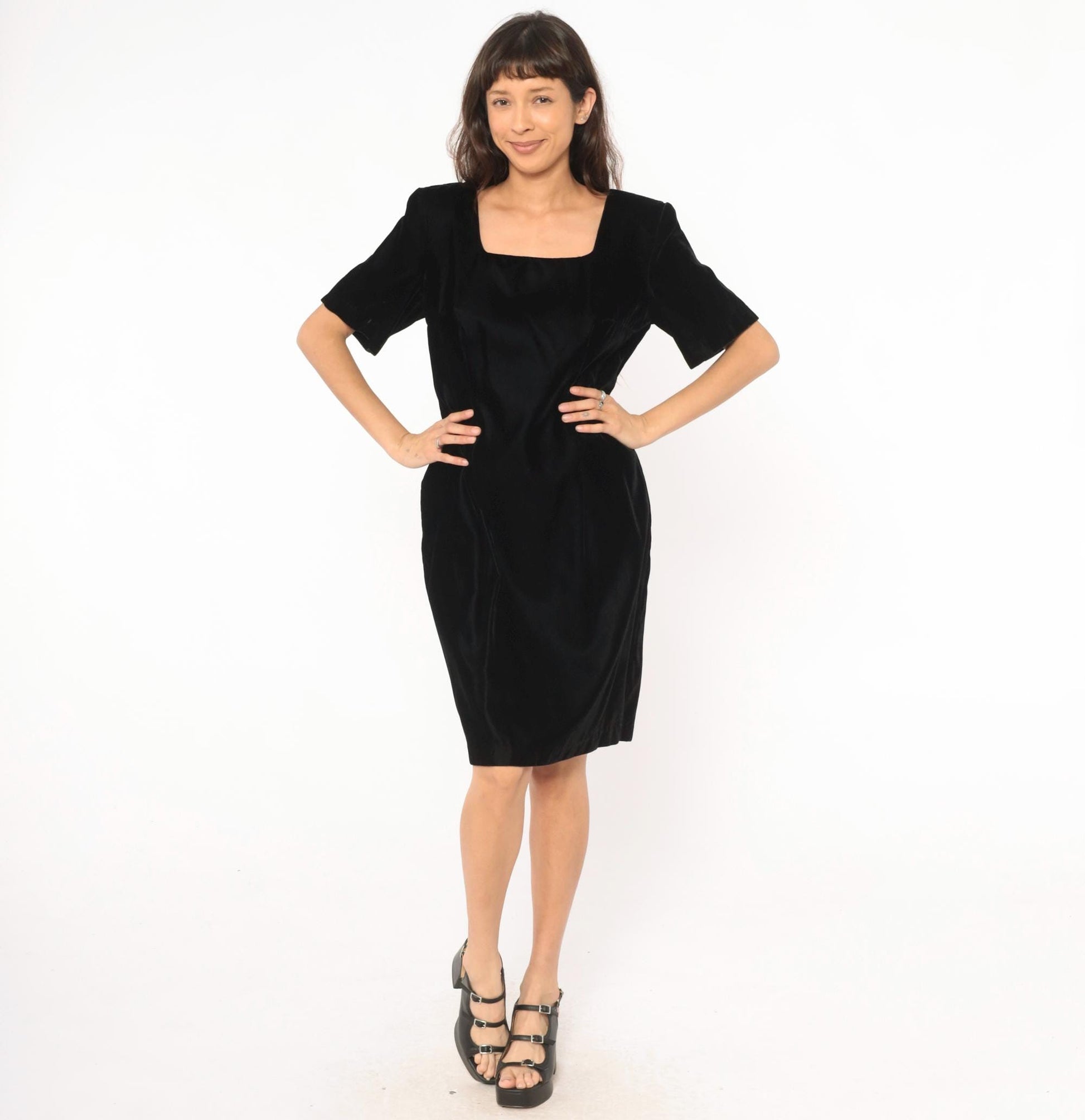 90s My Michelle Black Velvet Dress Square Neck Short Sleeve Knee Length Large L