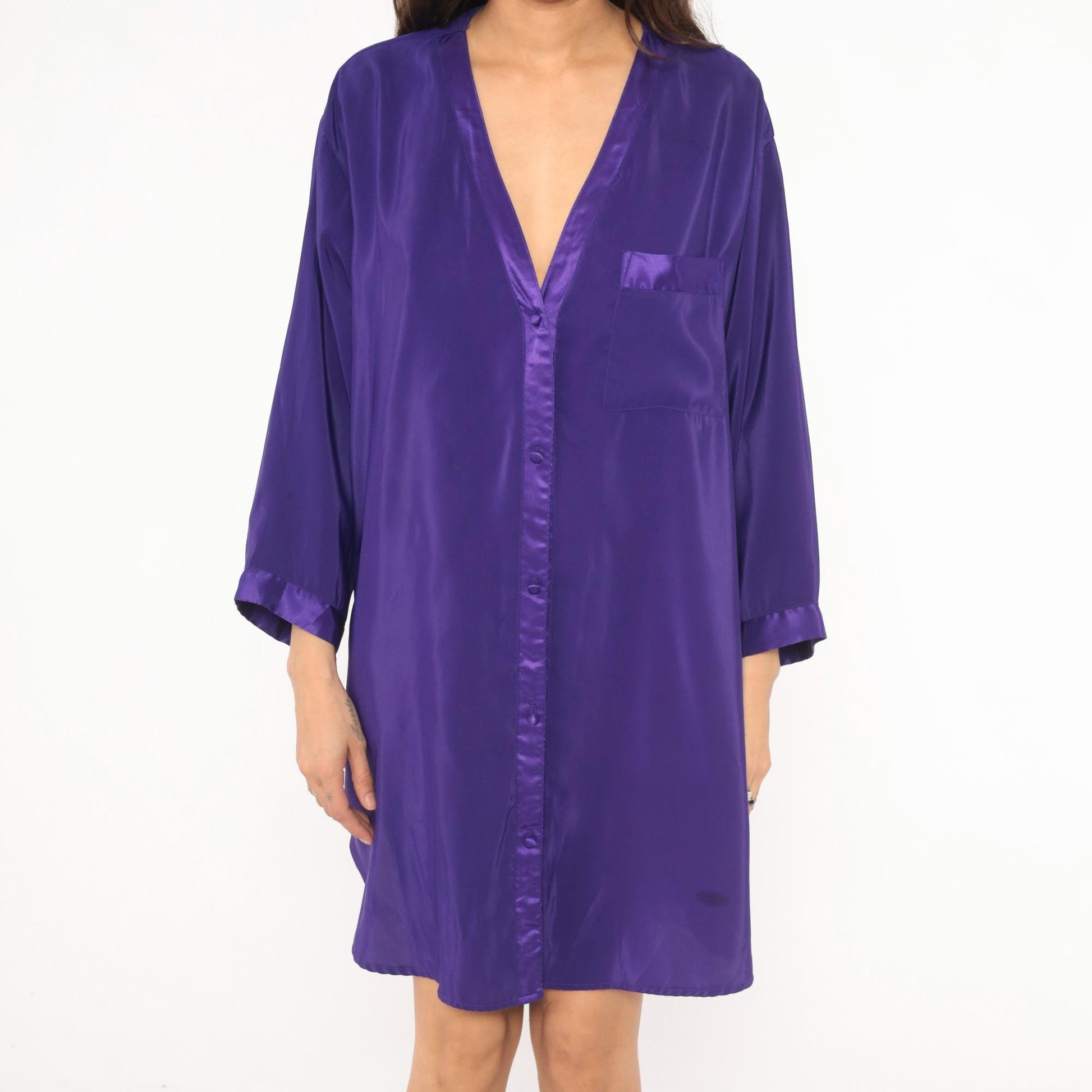 90s Beth Michaels Purple Satin Sleep Shirt Button Front V Neck Knee Length Large L